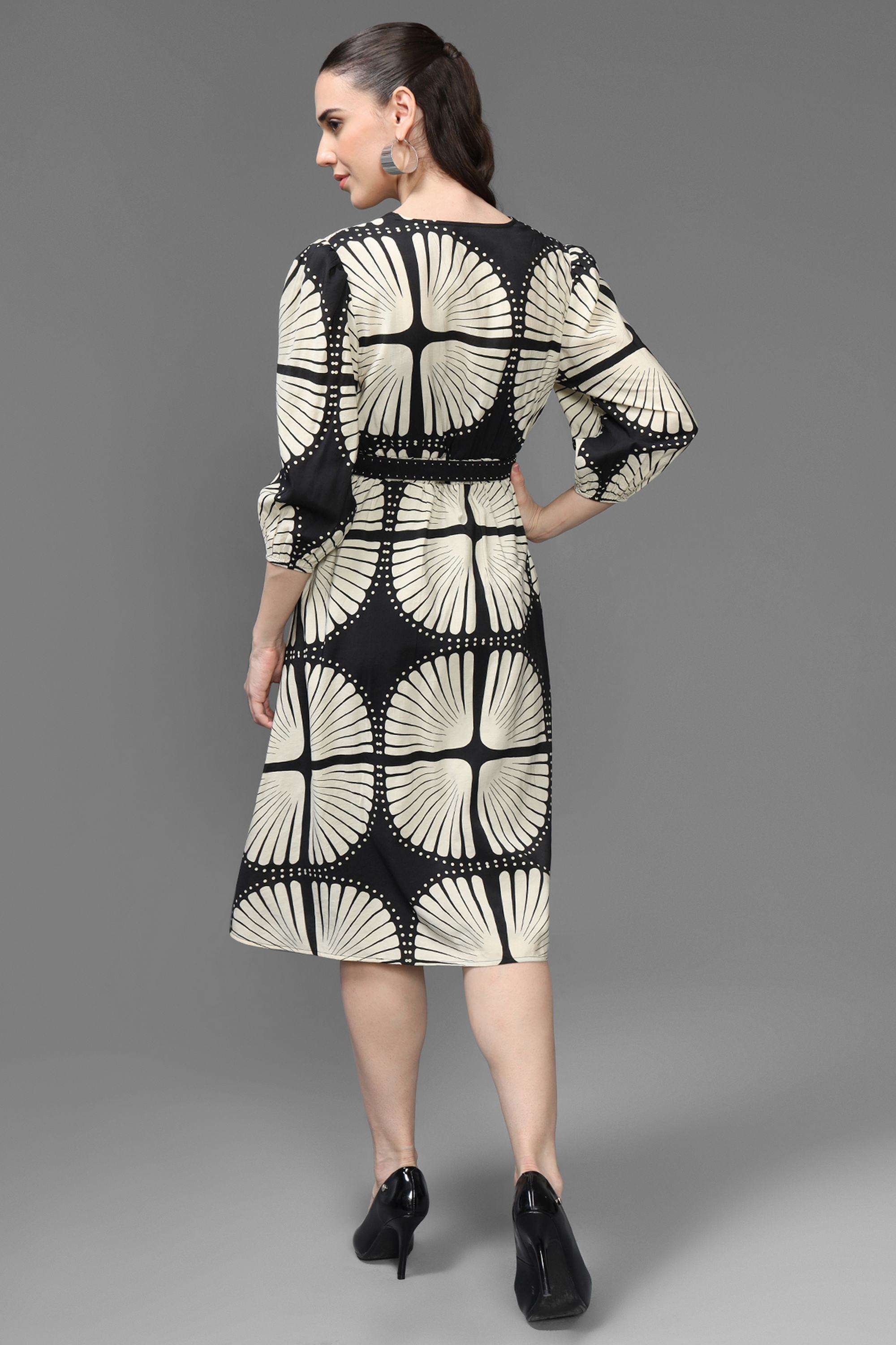 Geometric-Print-V-Neck-Viscose-Women-s-Dress