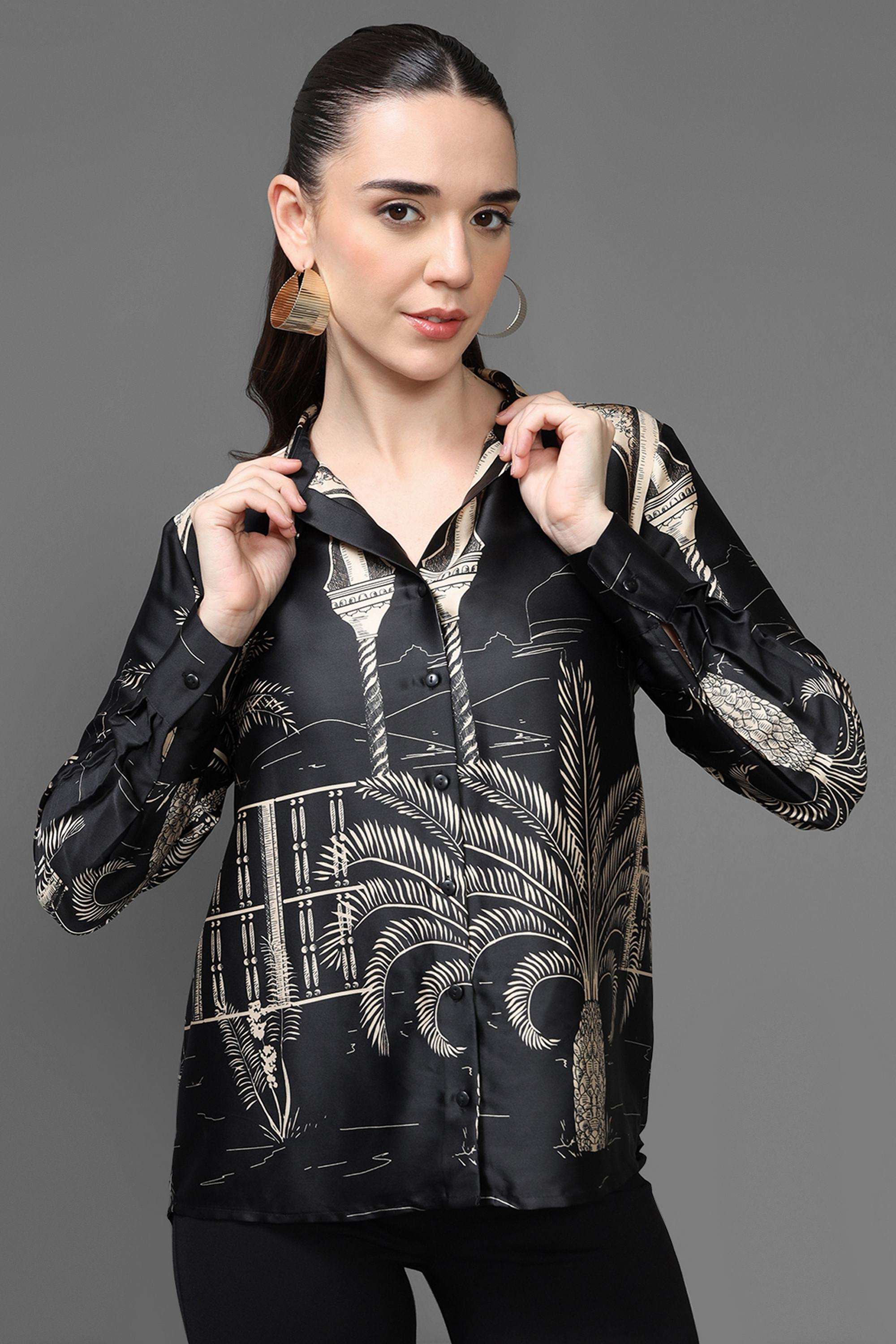 Geometric-Print-Collared-Polyester-Women-s-Evening-Shirt
