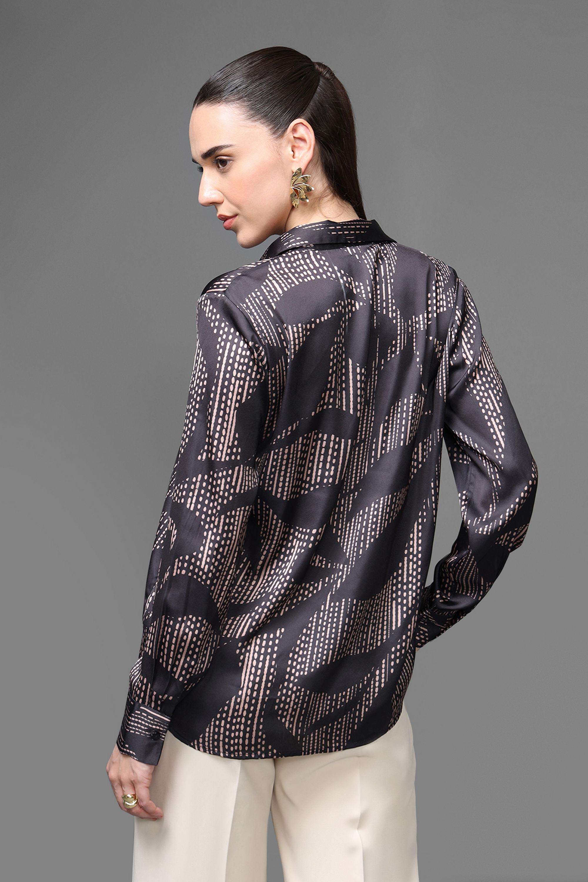 Geometric-Print-Collared-Polyester-Women-s-Formal-Wear-Shirt