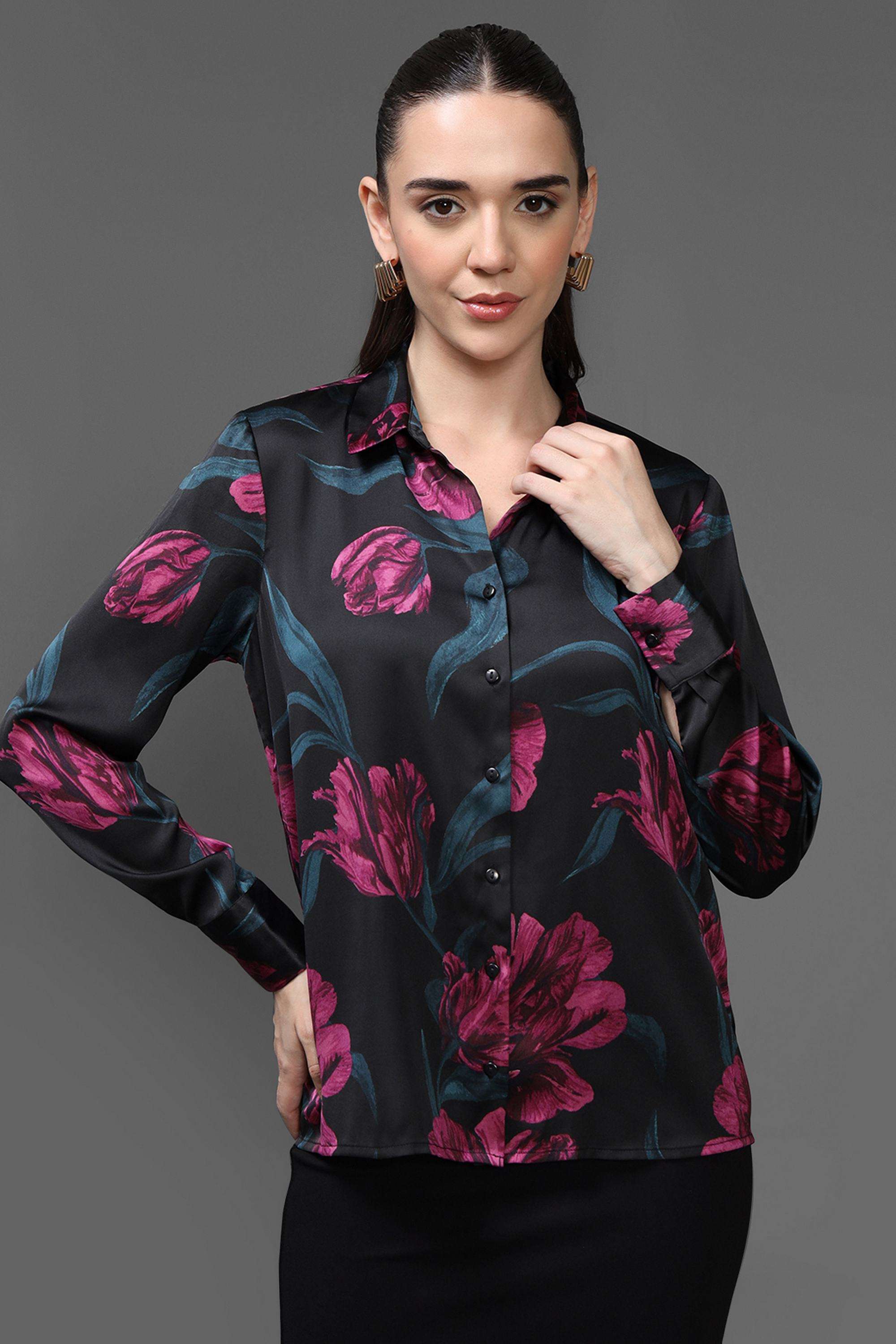 Floral-Collared-Polyester-Women-s-Formal-Wear-Shirt