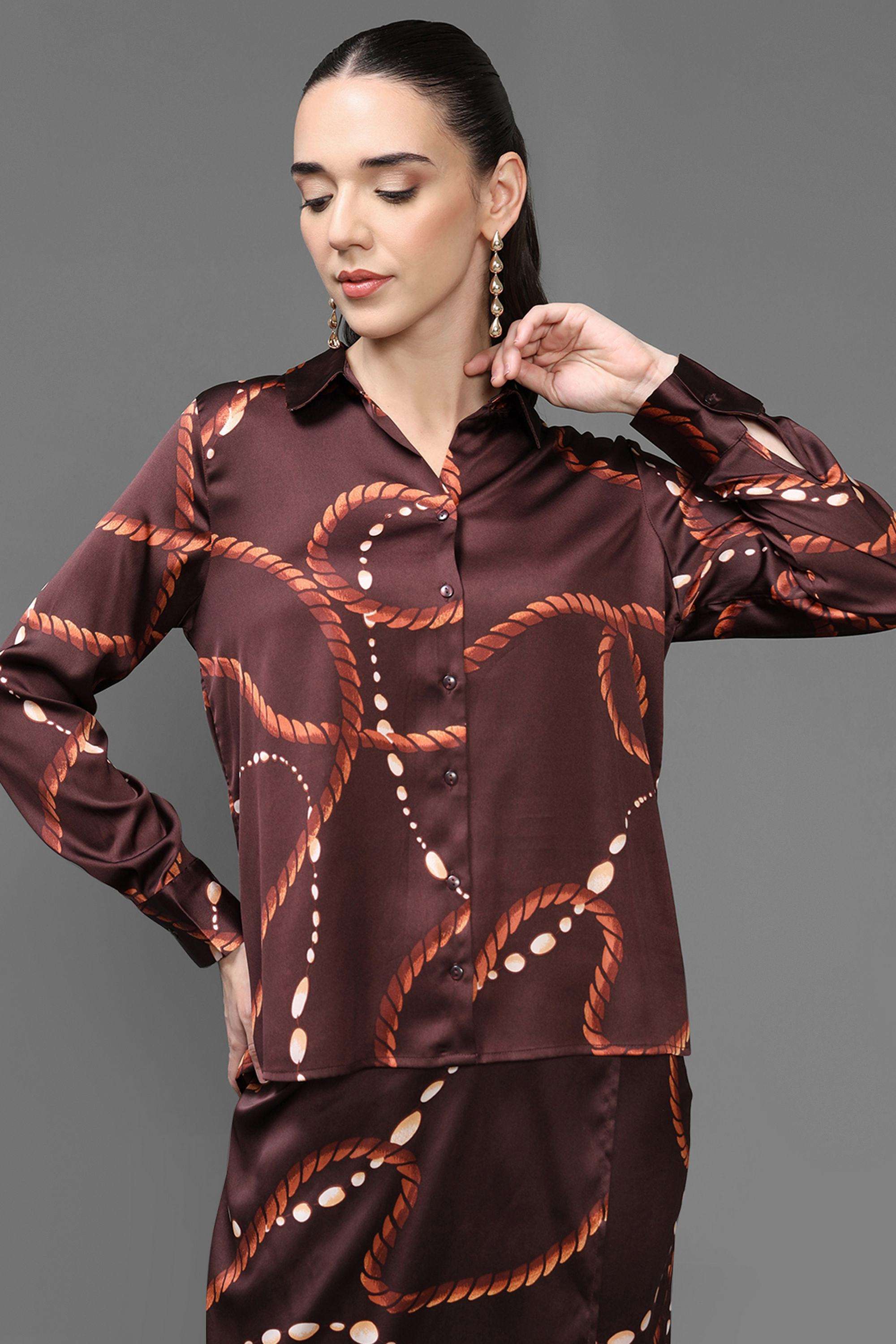 Geometric-Print-Collared-Polyester-Women-s-Formal-Wear-Shirt