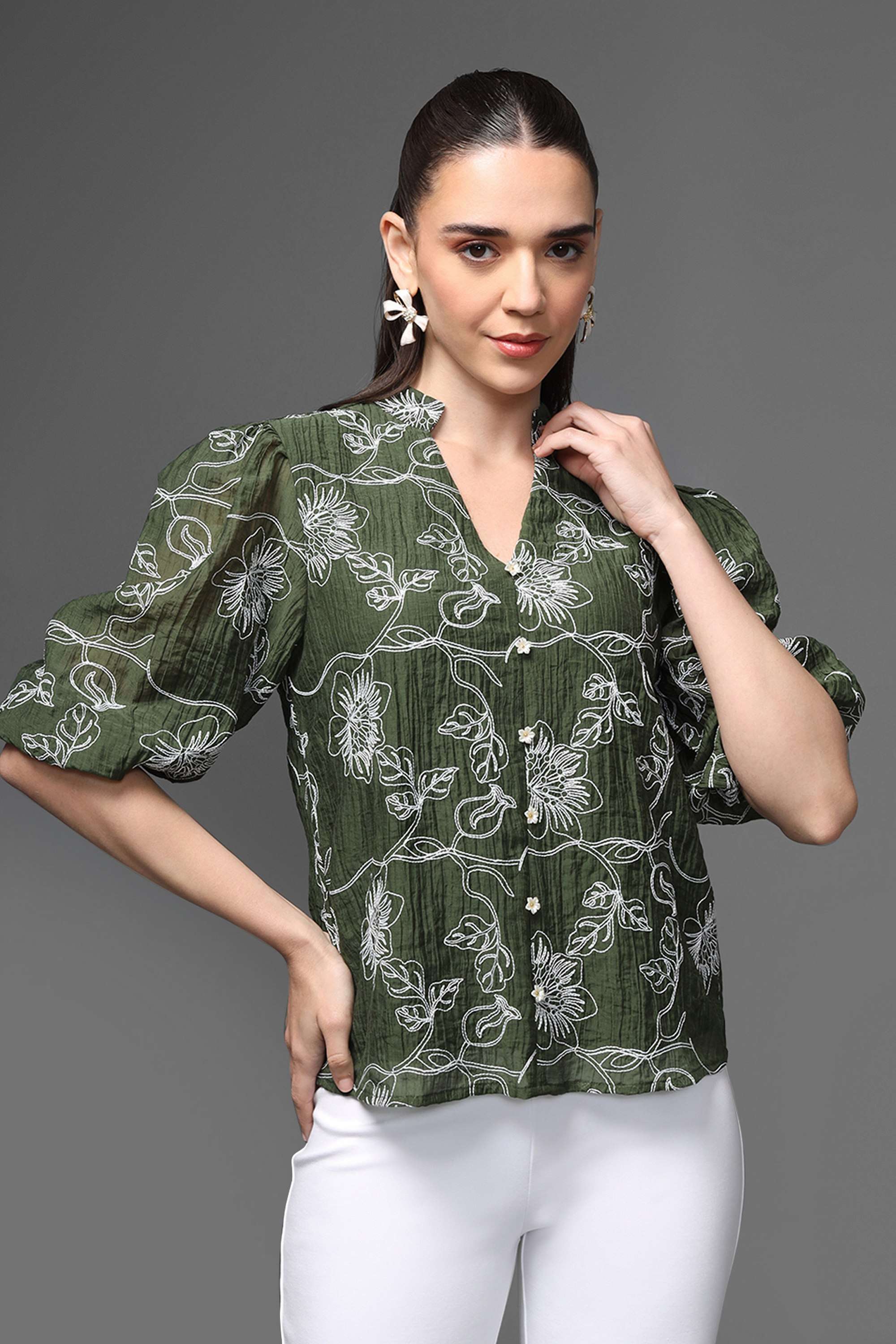 kazo Embroidered Polyester Collared Women's Top-picture-36