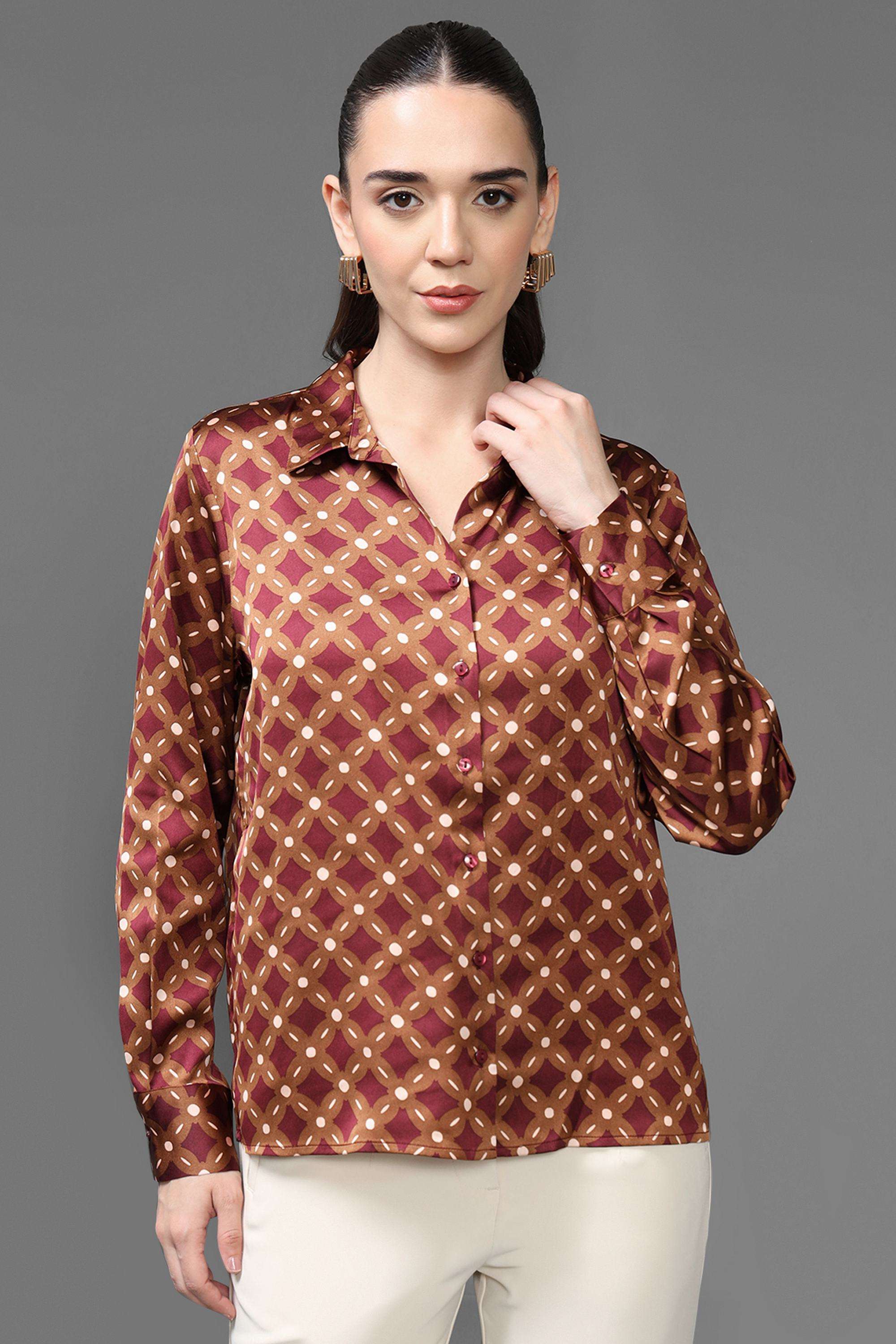 Geometric-Print-Collared-Polyester-Women-s-Formal-Wear-Shirt