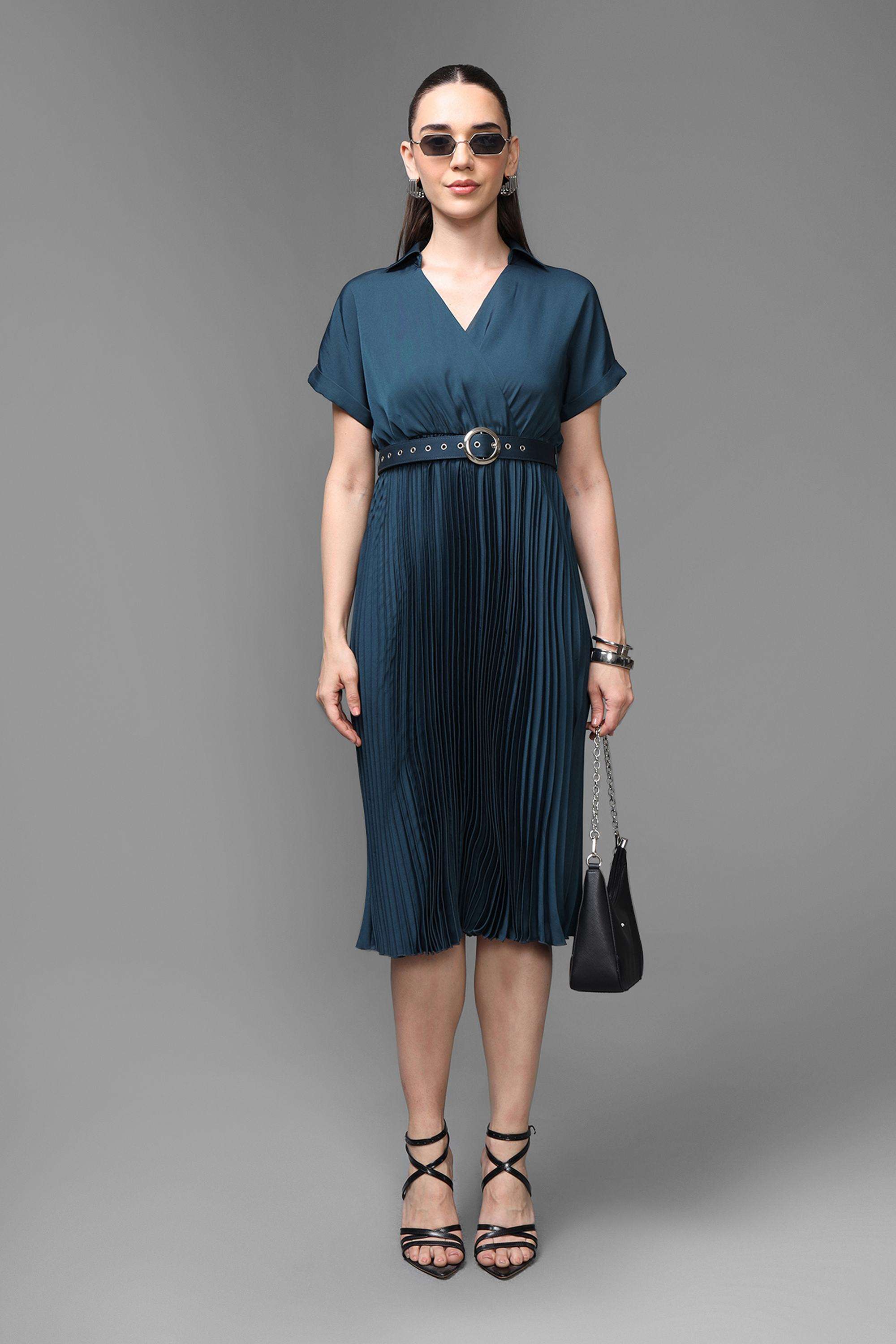 Solid-Collared-Polyester-Women-s-Dress