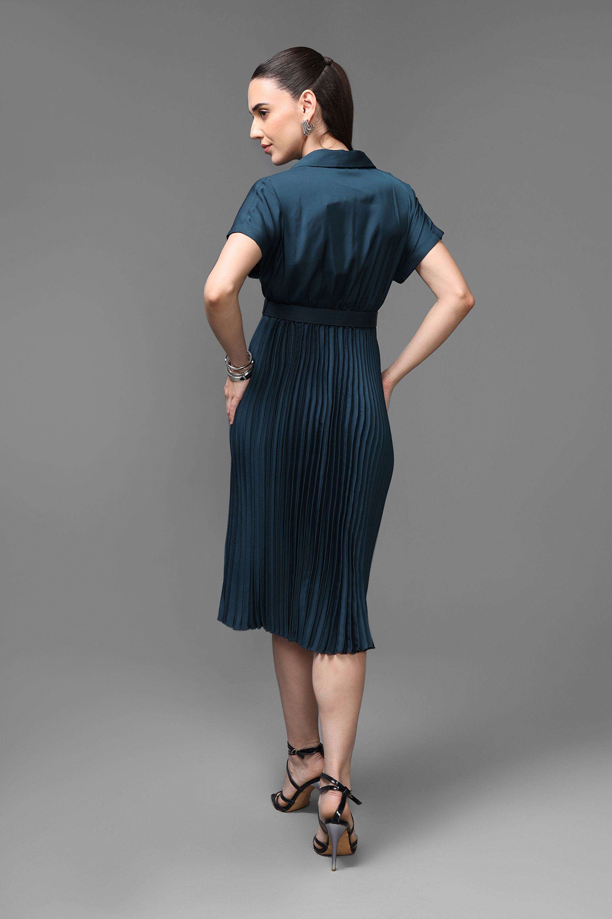 Solid-Collared-Polyester-Women-s-Dress