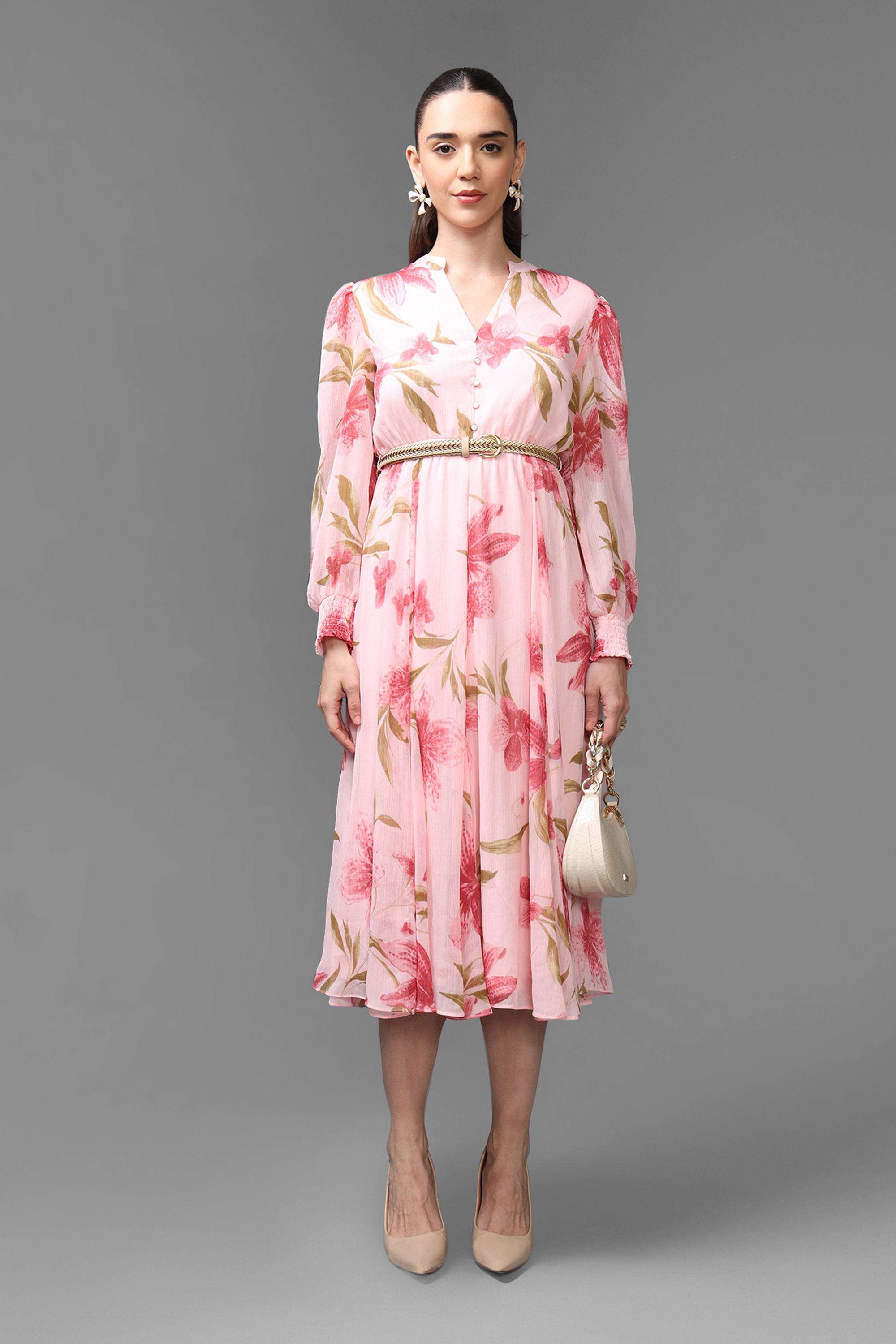 Floral-Round-Neck-Chiffon-Women-s-Dress