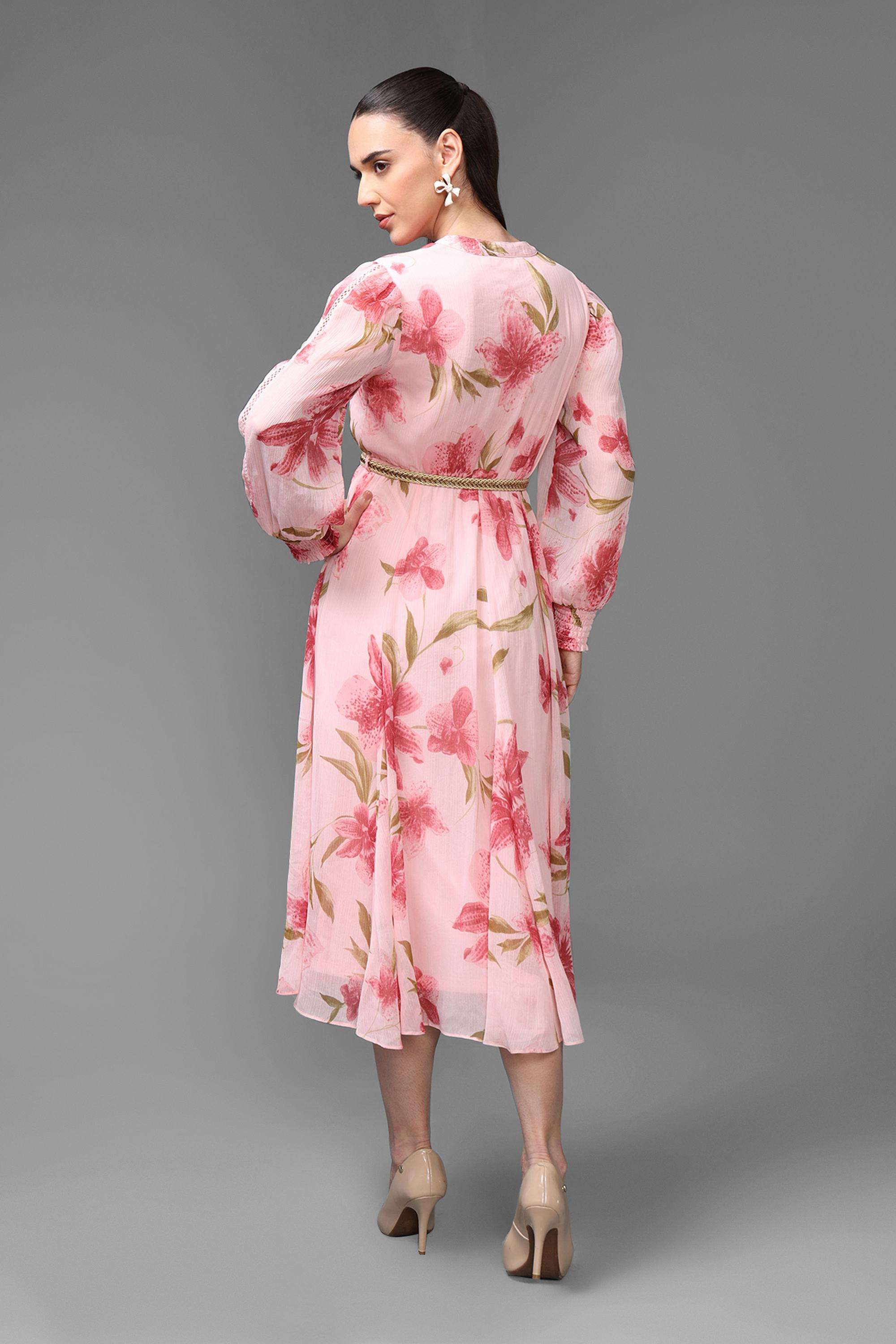 Floral-Round-Neck-Chiffon-Women-s-Dress