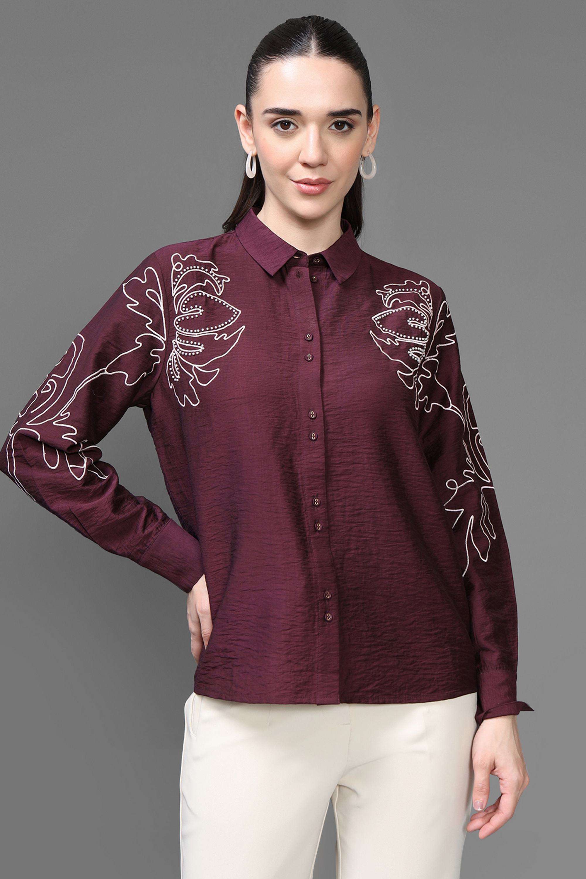 Embroidered-V-Neck-Viscose-Women-s-Evening-Shirt