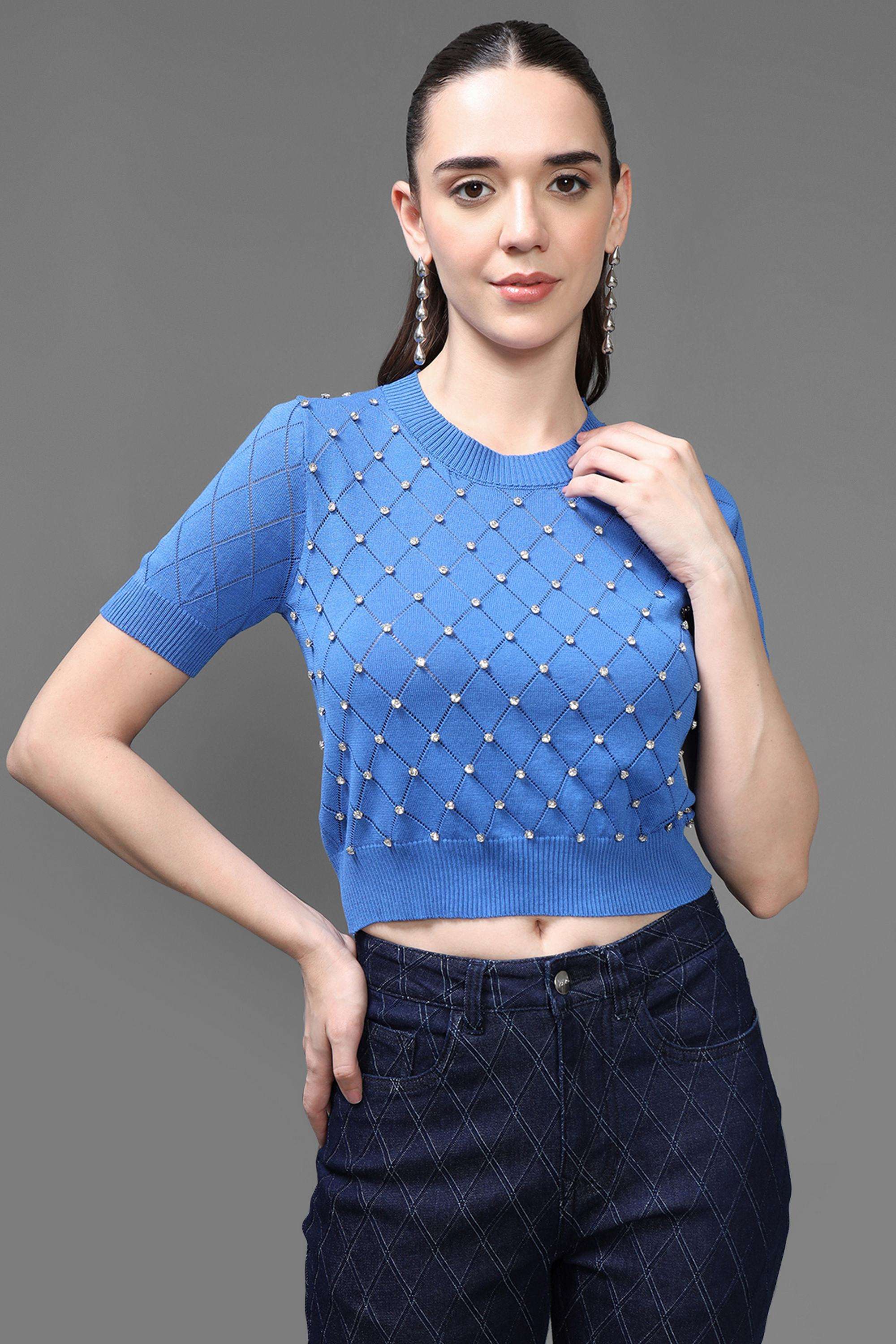 Embellished-Viscose-Round-Neck-Women-s-Top