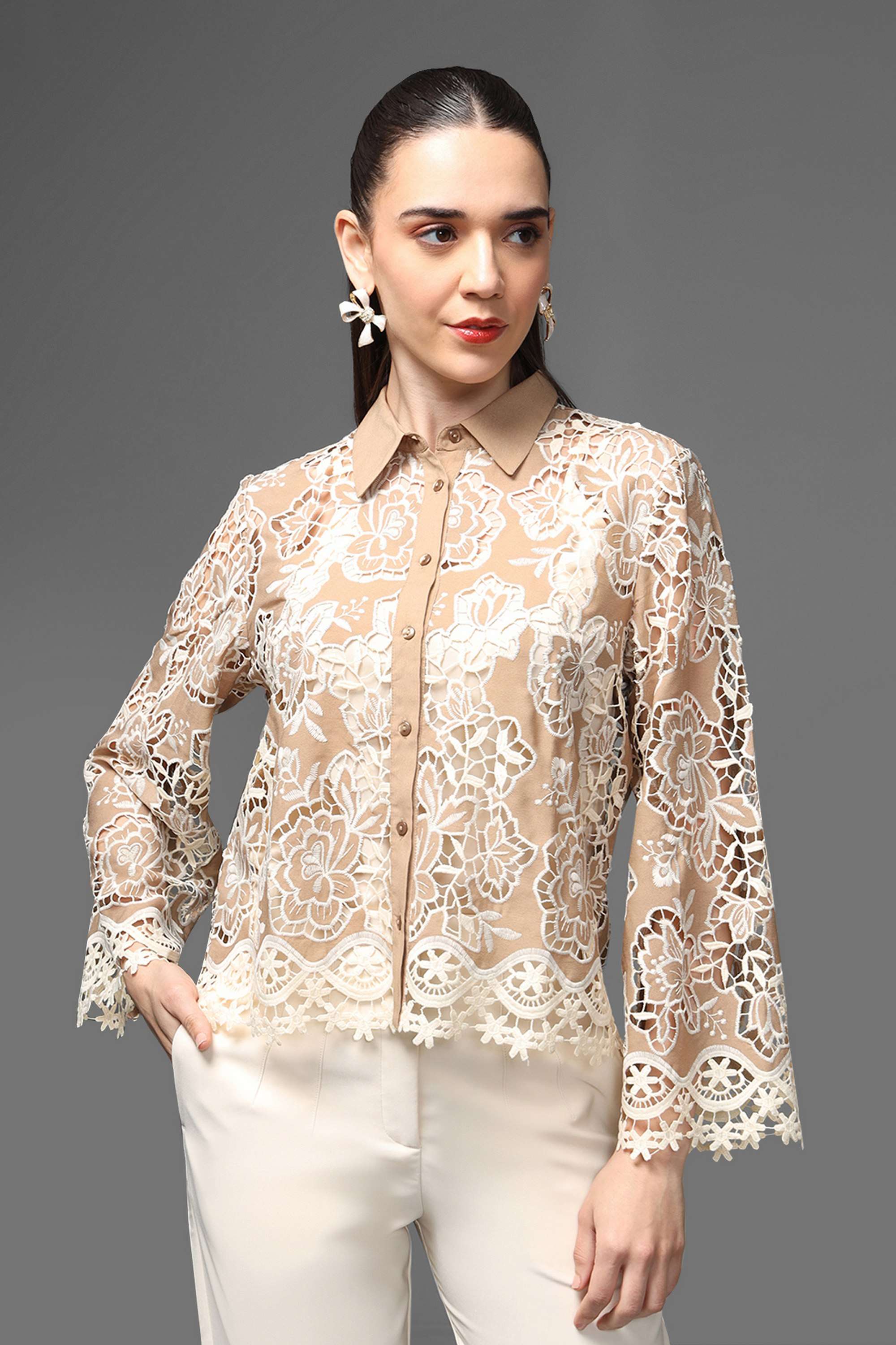 kazo Embroidered Collared Polyester Women's Party Wear Shirt-picture-28