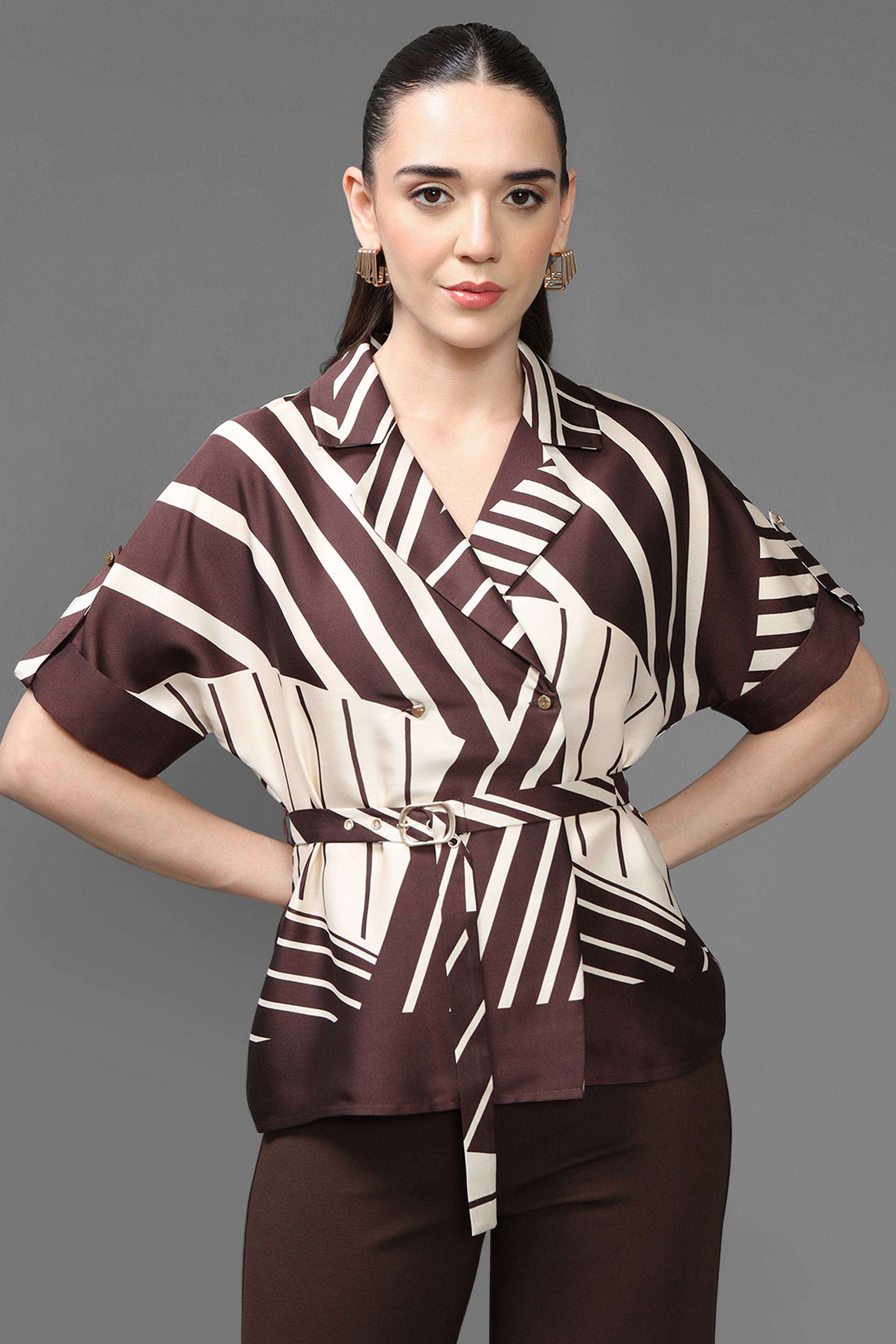 Geometric-Print-Polyester-Women-s-Top