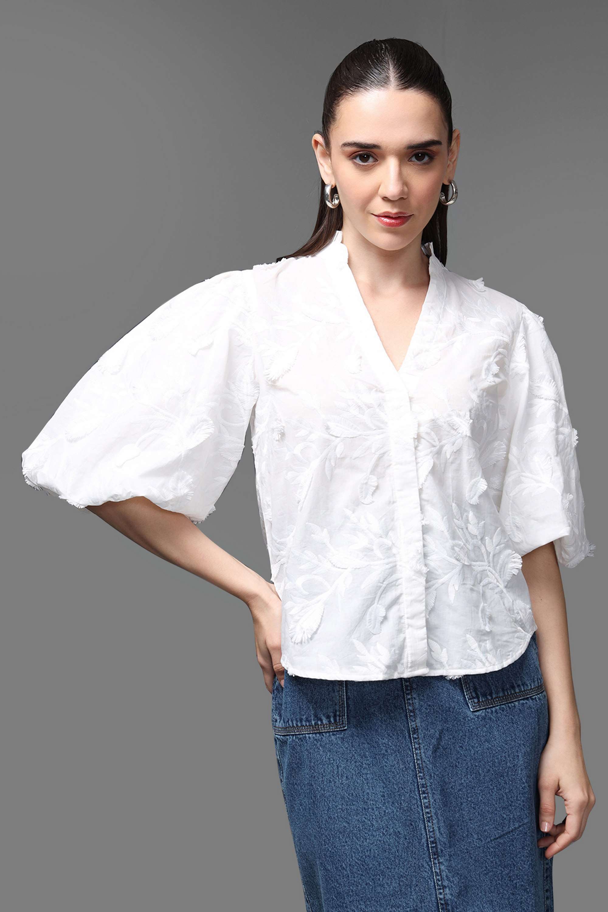 kazo Embroidered Cotton Collared Women's Top-picture-14