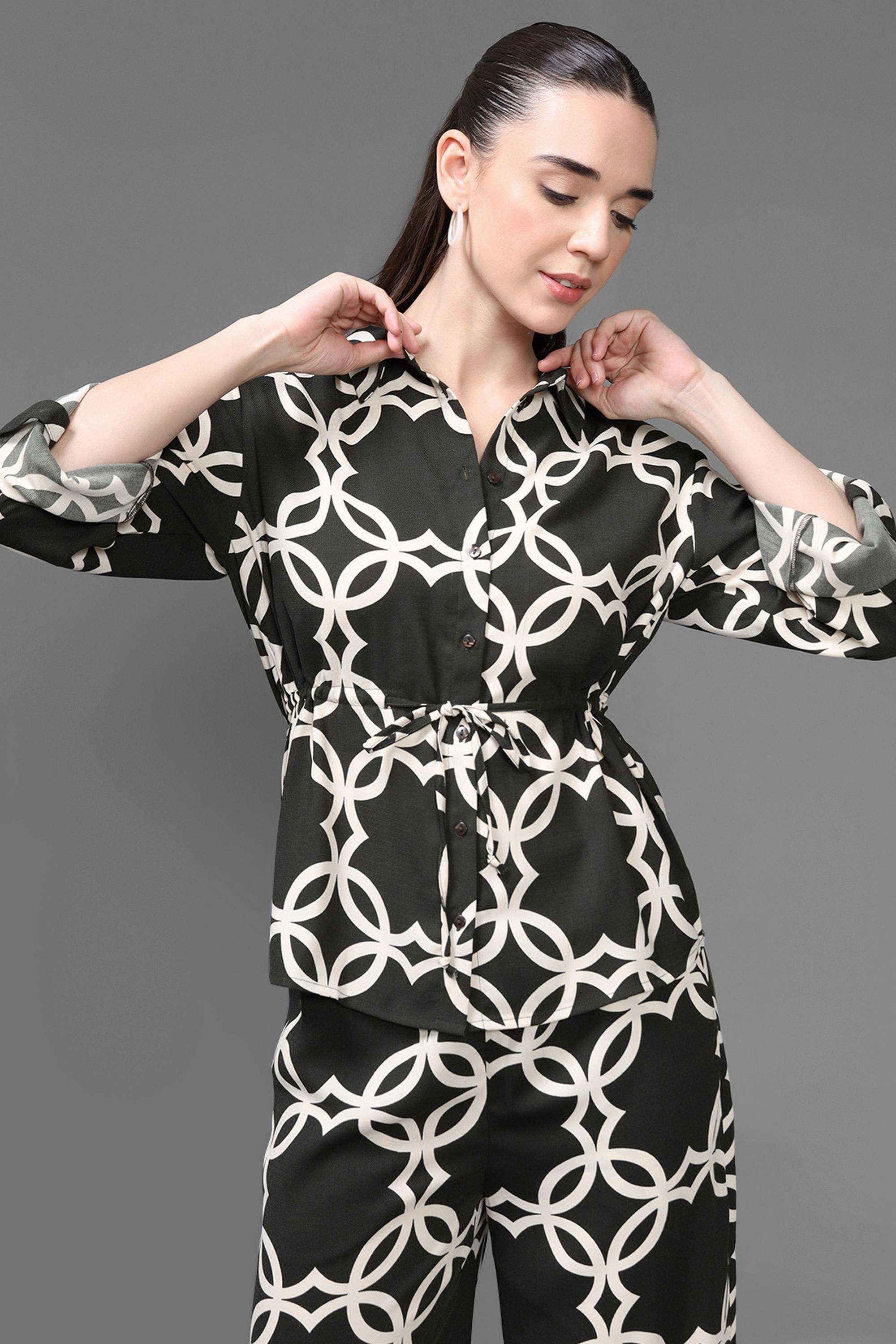 Geometric-Print-Collared-Polyester-Women-s-Evening-Shirt