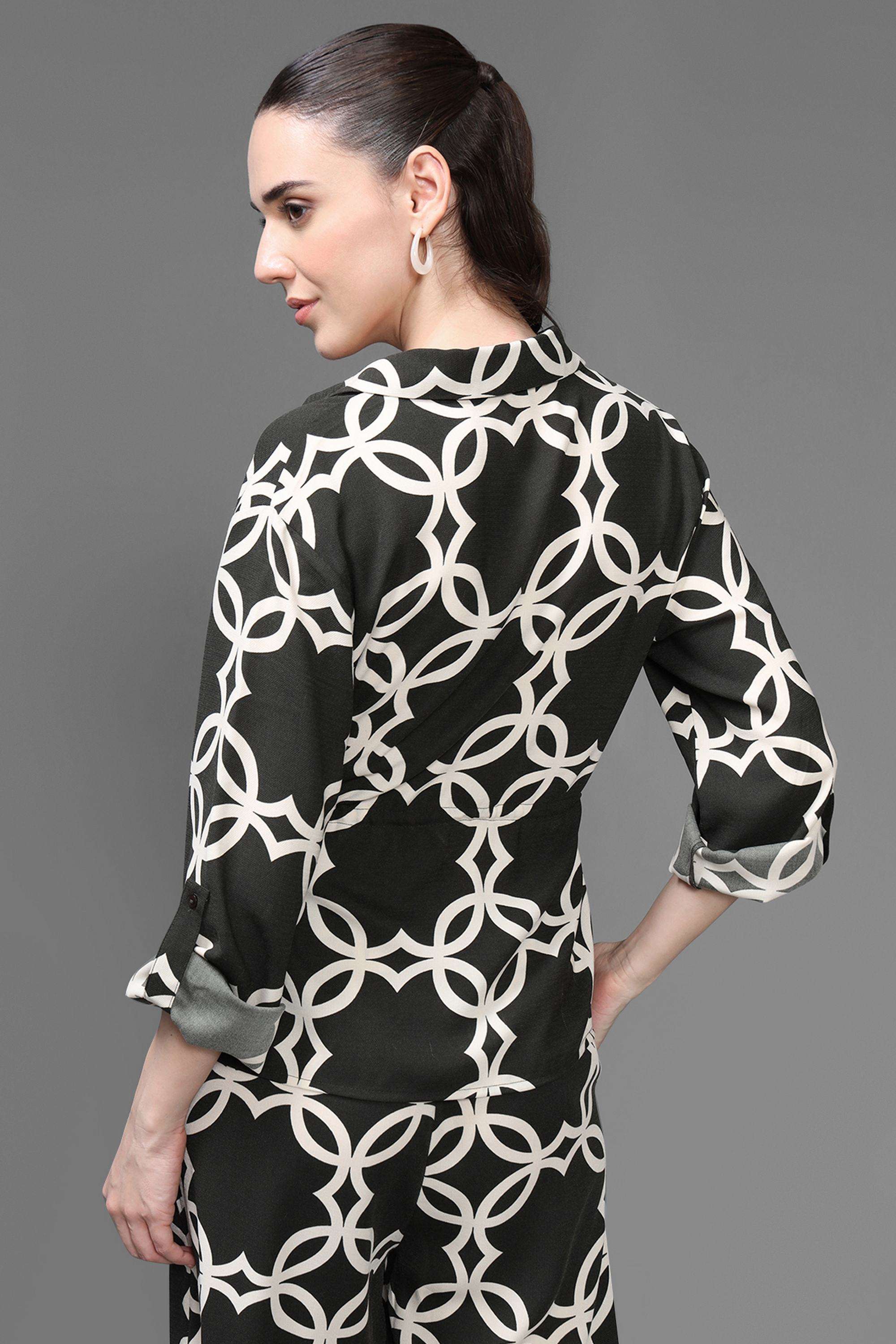 Geometric-Print-Collared-Polyester-Women-s-Evening-Shirt