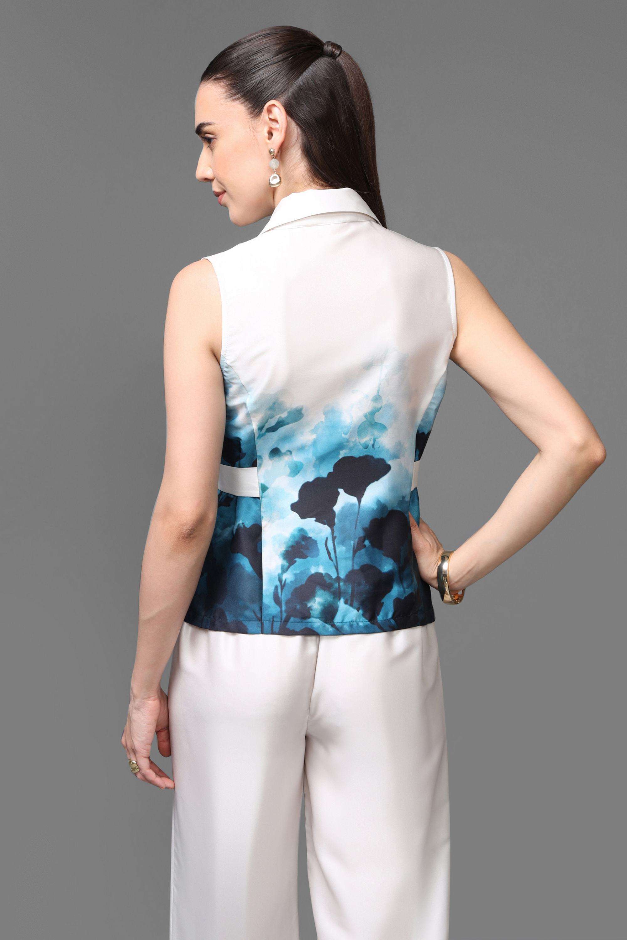 Abstract-Polyester-Collared-Women-s-Top