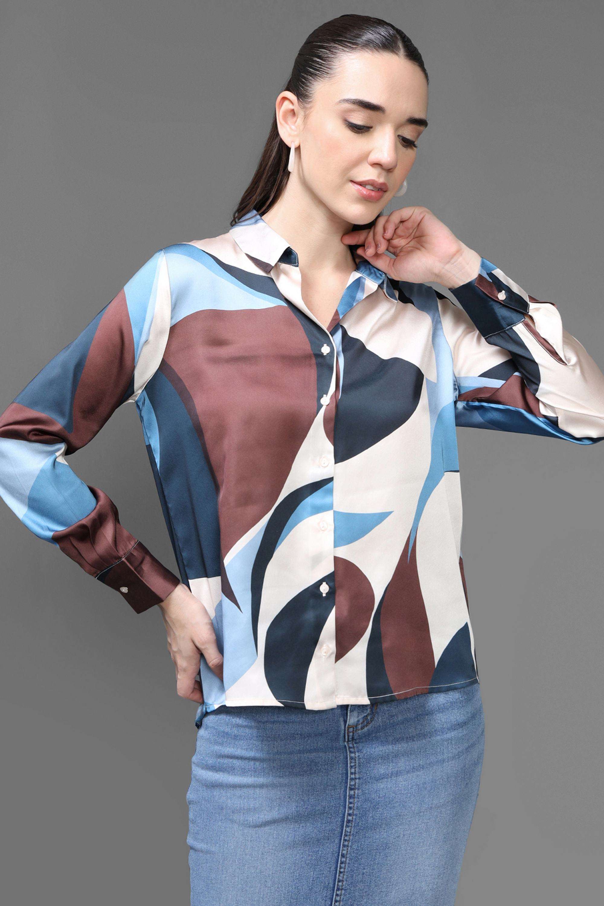 Geometric-Print-Collared-Polyester-Women-s-Formal-Wear-Shirt