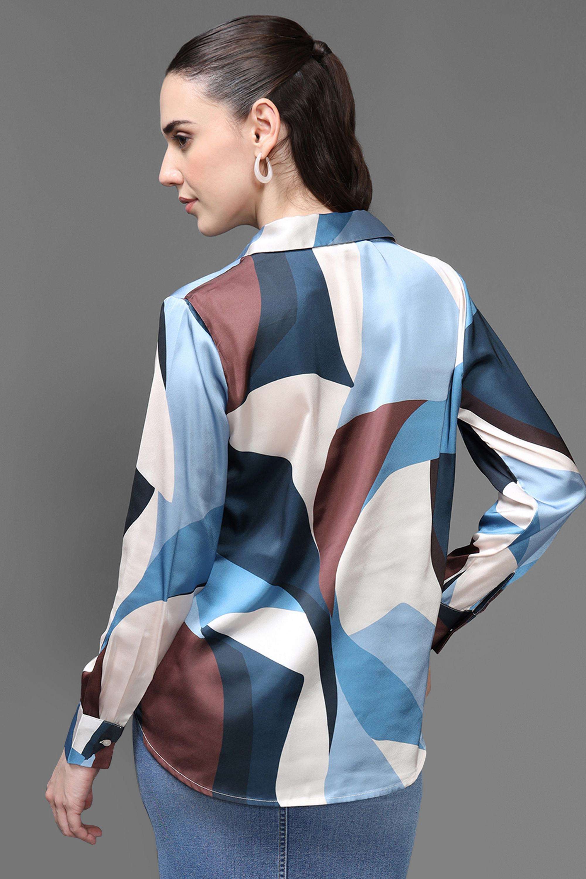 Geometric-Print-Collared-Polyester-Women-s-Formal-Wear-Shirt