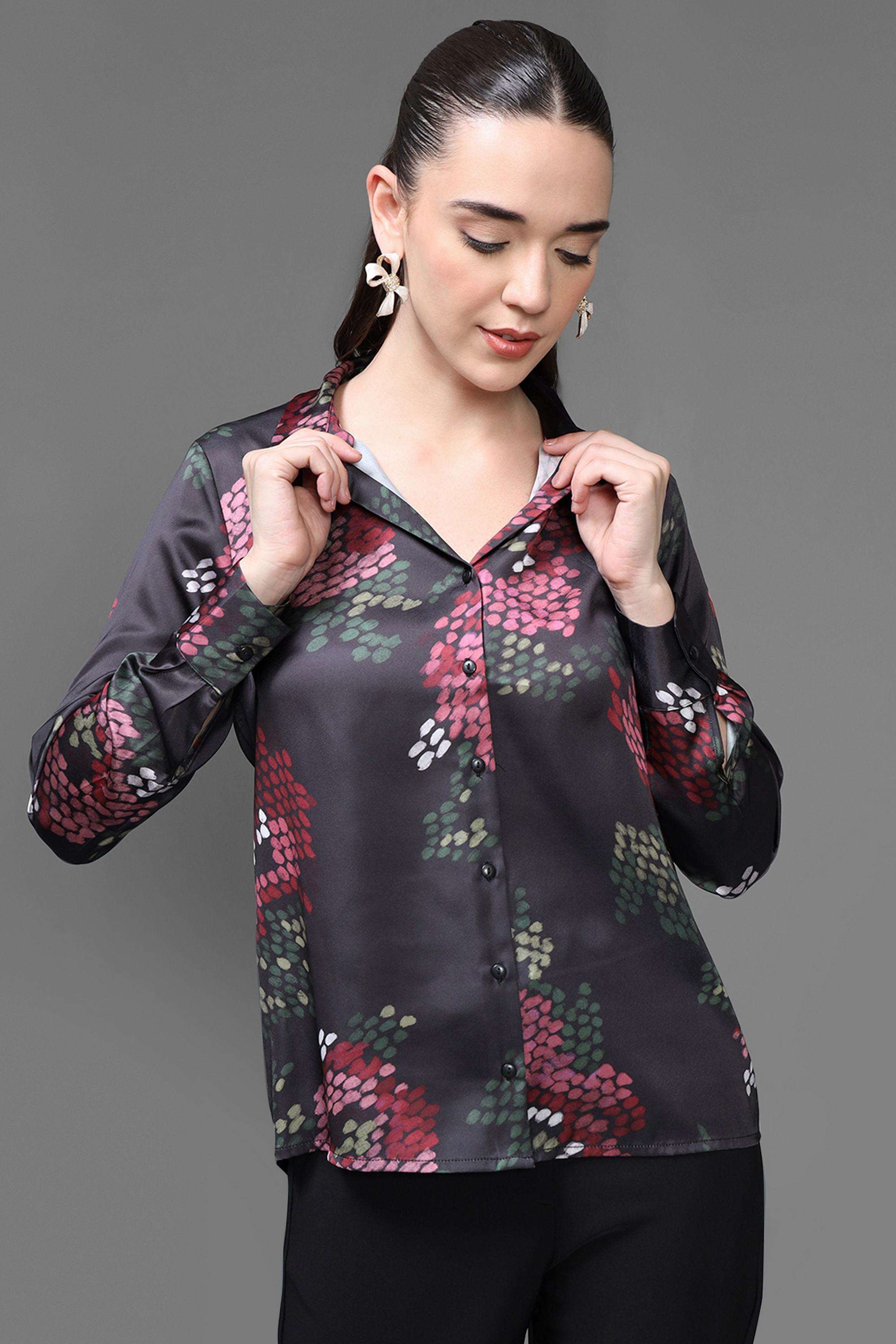 Floral-Collared-Polyester-Women-s-Formal-Wear-Shirt