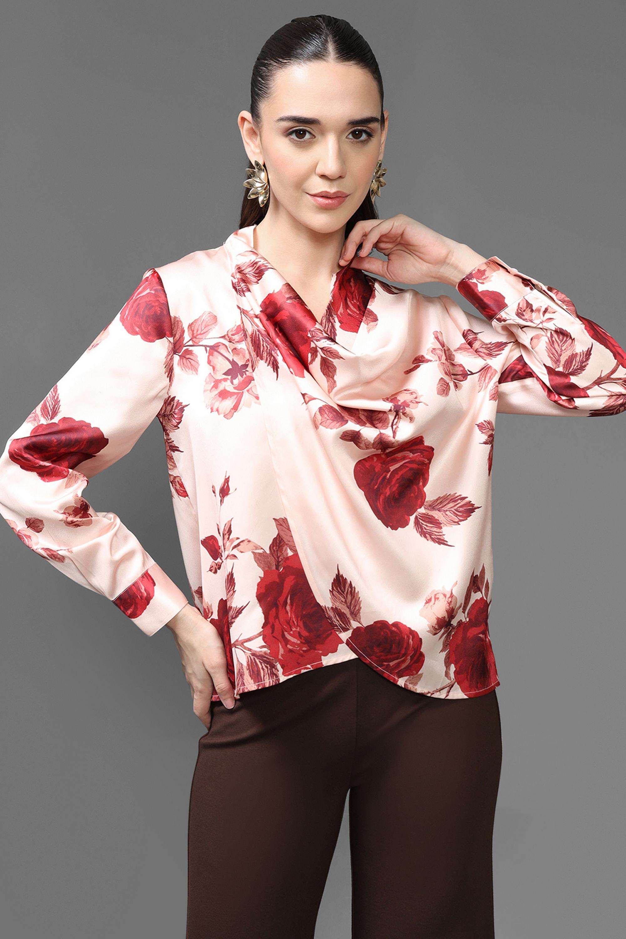 Floral-Polyester-Cowl-Neck-Women-s-Top