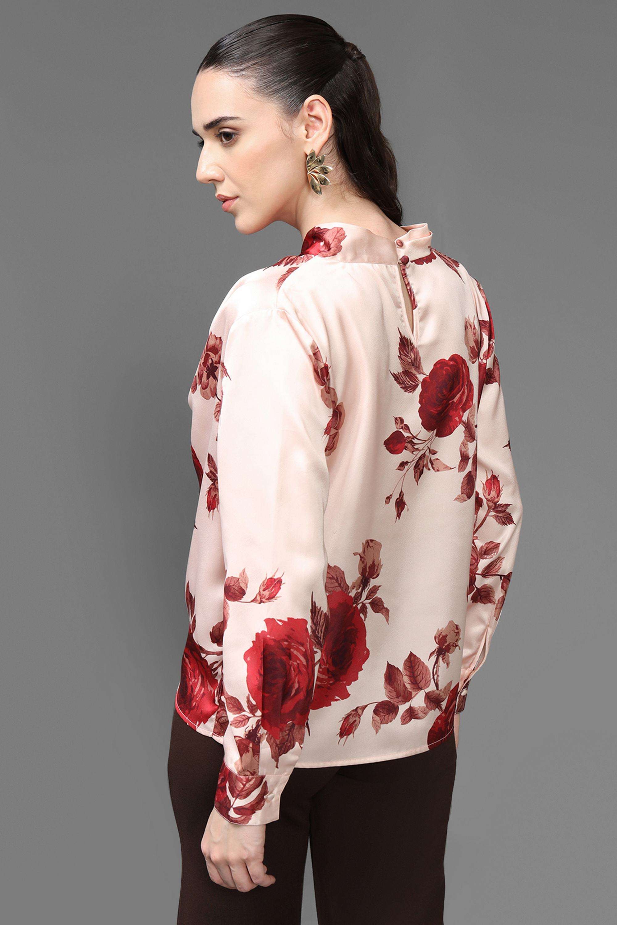 Floral-Polyester-Cowl-Neck-Women-s-Top