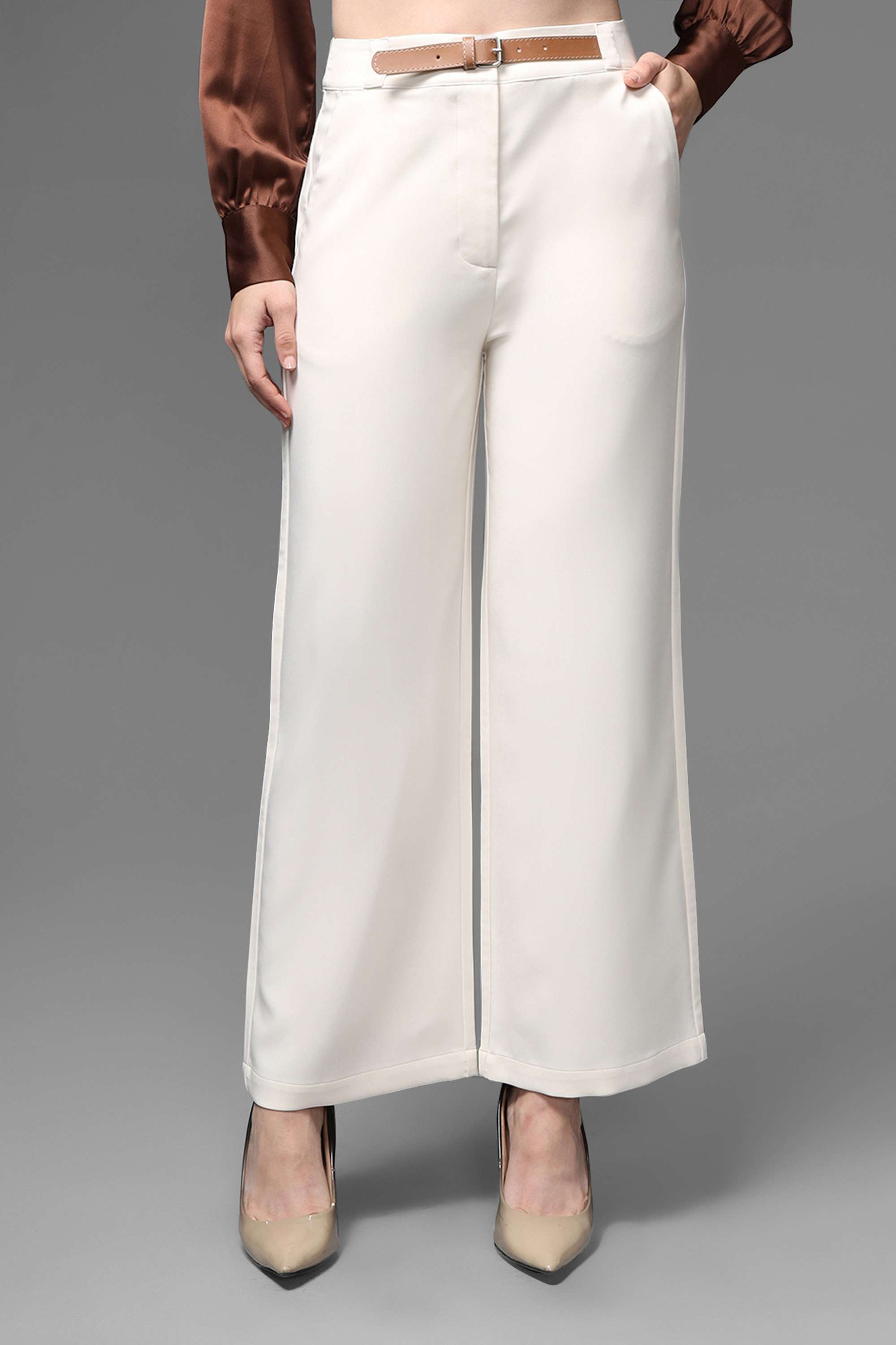 kazo Solid Relaxed Fit Blended Fabric Women's Formal Wear Trousers-picture-10
