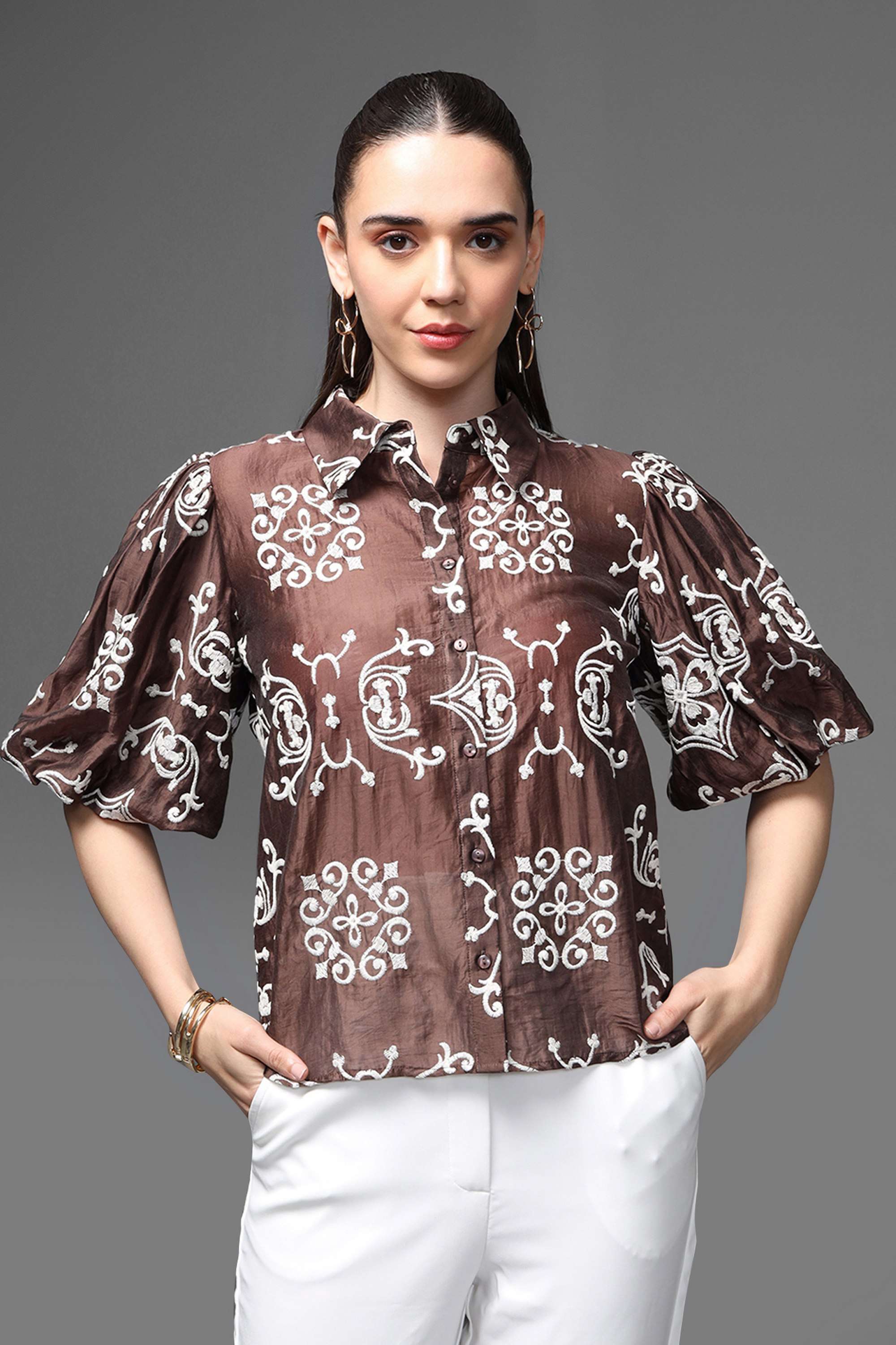 kazo Embroidered Collared Polyester Women's Party Wear Shirt-picture-32