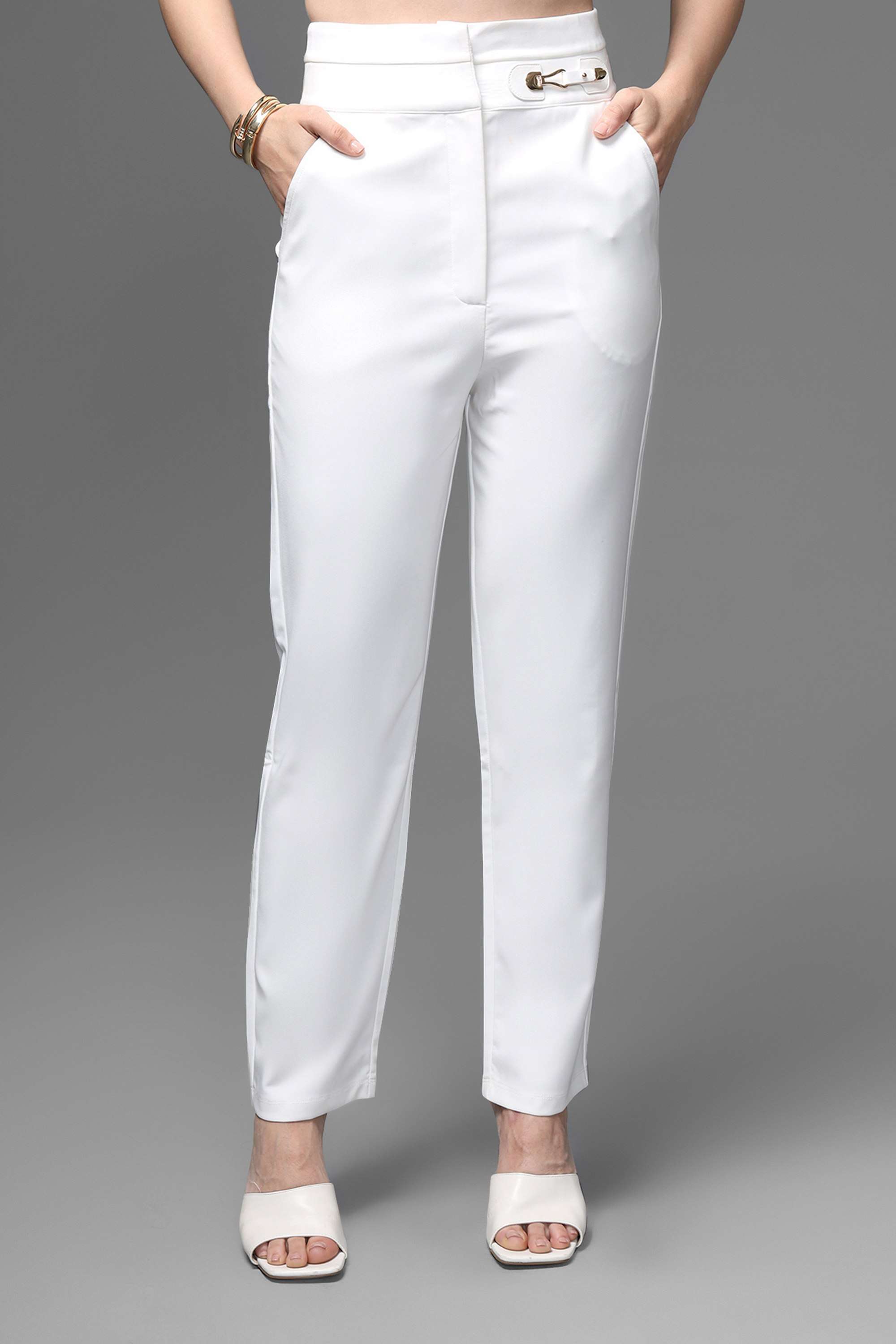 Solid Tapered Fit Blended Fabric Women's Formal Wear Trousers-image-47