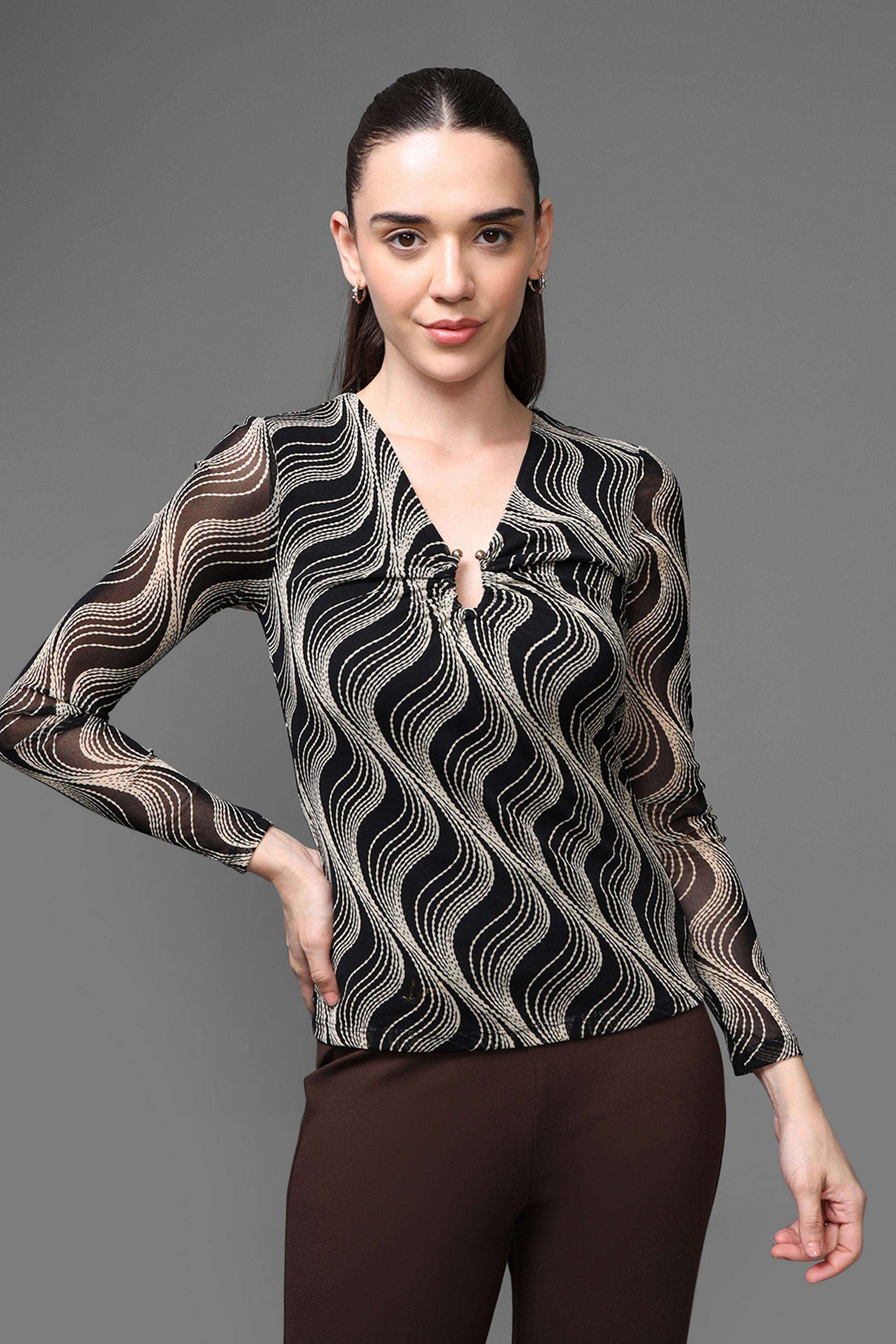 Abstract-Polyester-V-Neck-Women-s-Top