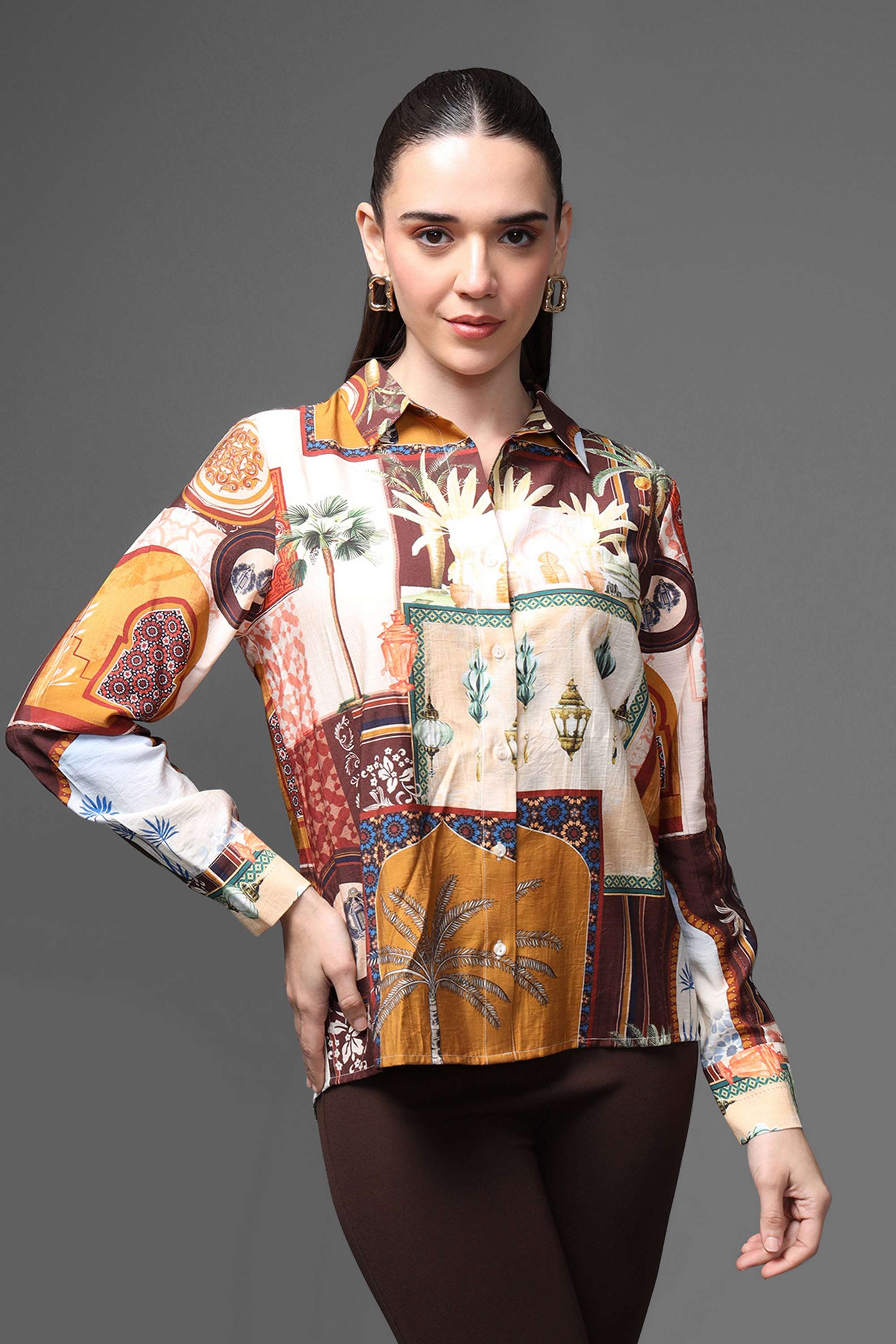 Printed Collared Viscose Women's Party Wear Shirt-image-28