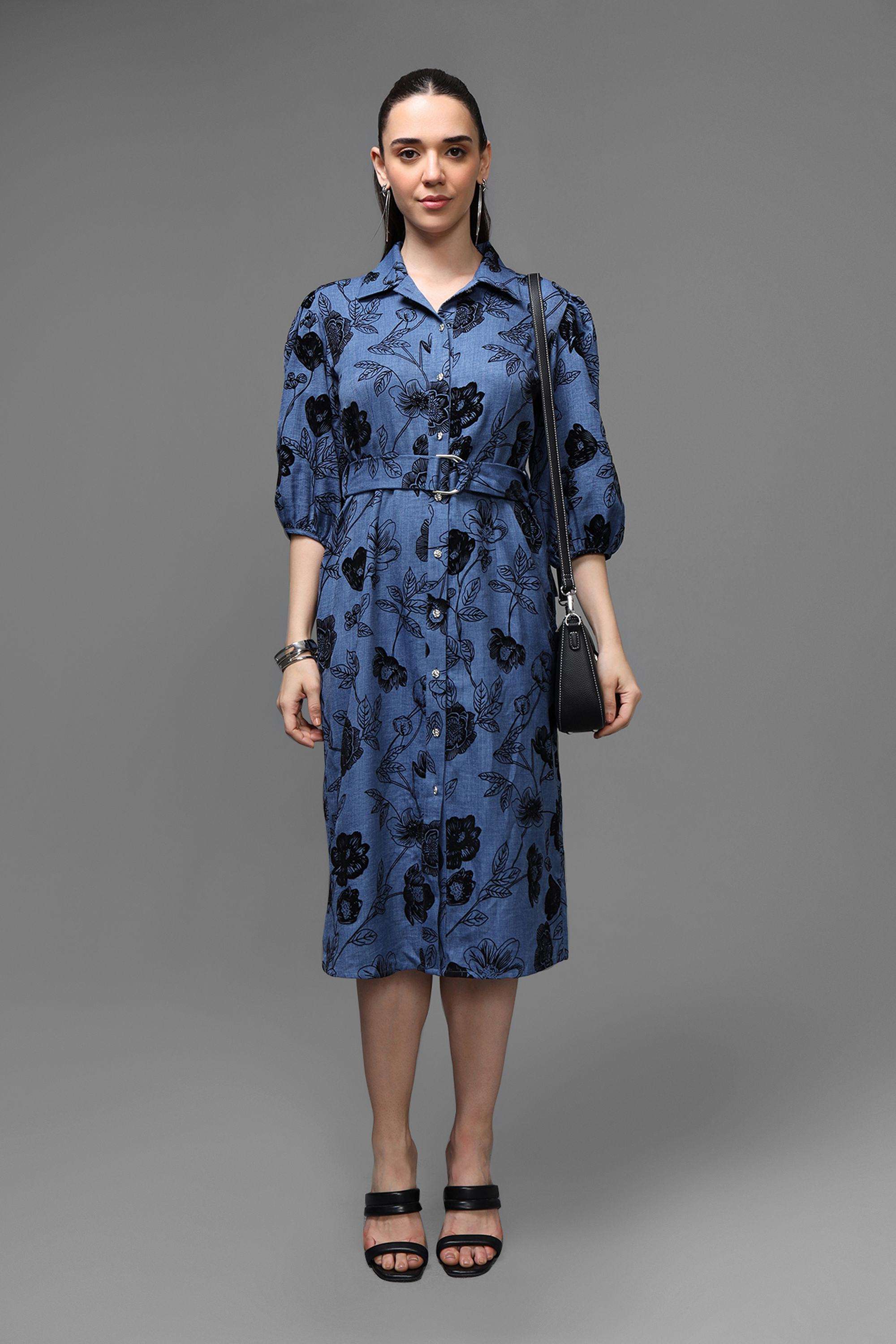 Floral-Collared-Polyester-Women-s-Dress