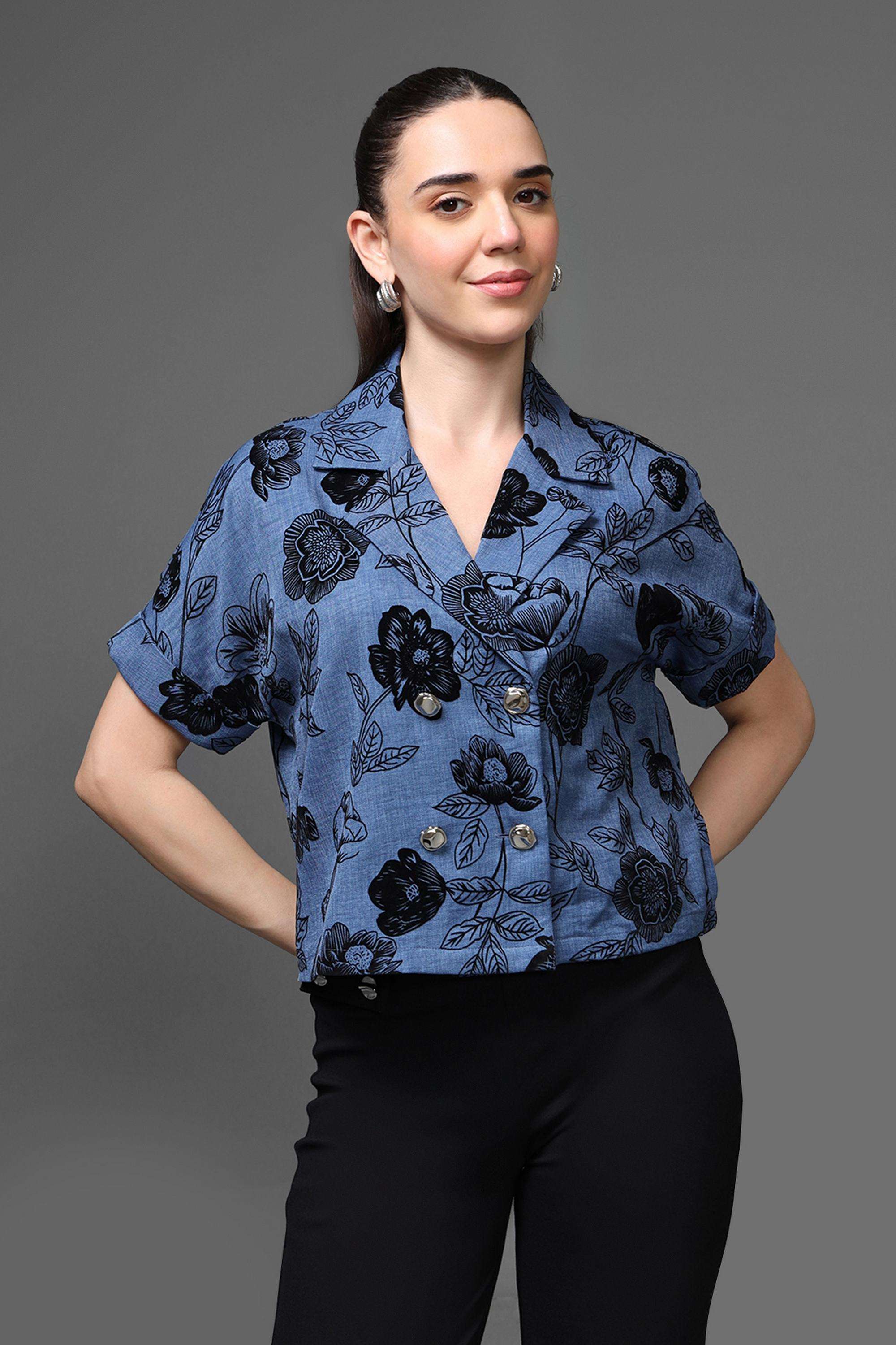 Floral-Polyester-Collared-Women-s-Top