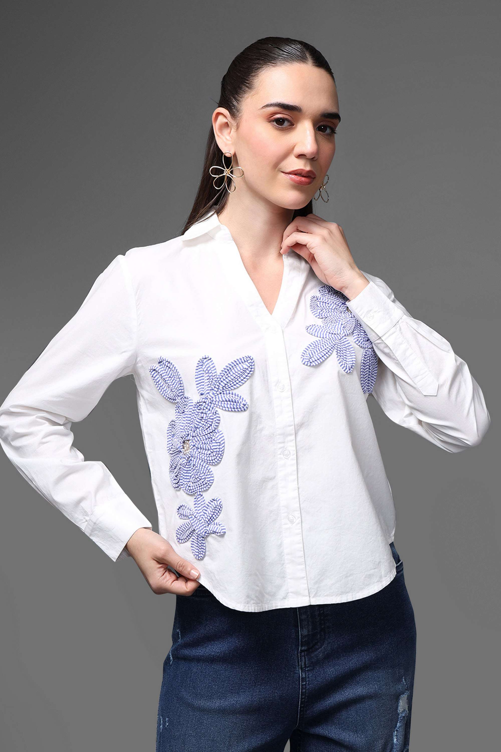 kazo Embroidered Collared Cotton Women's Party Wear Shirt-picture-25
