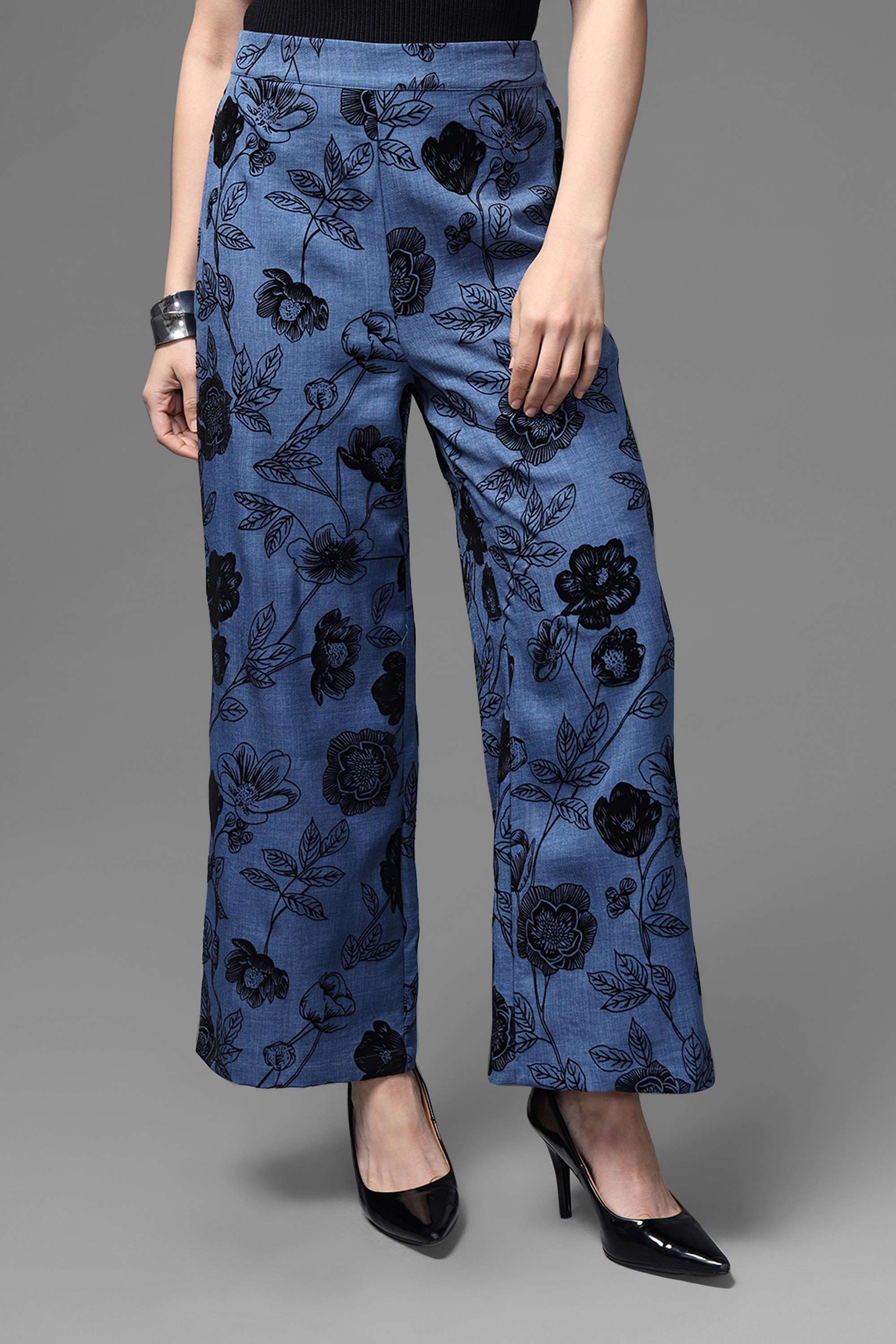 kazo Floral Relaxed Fit Blended Fabric Women's Party Wear Pants-picture-35