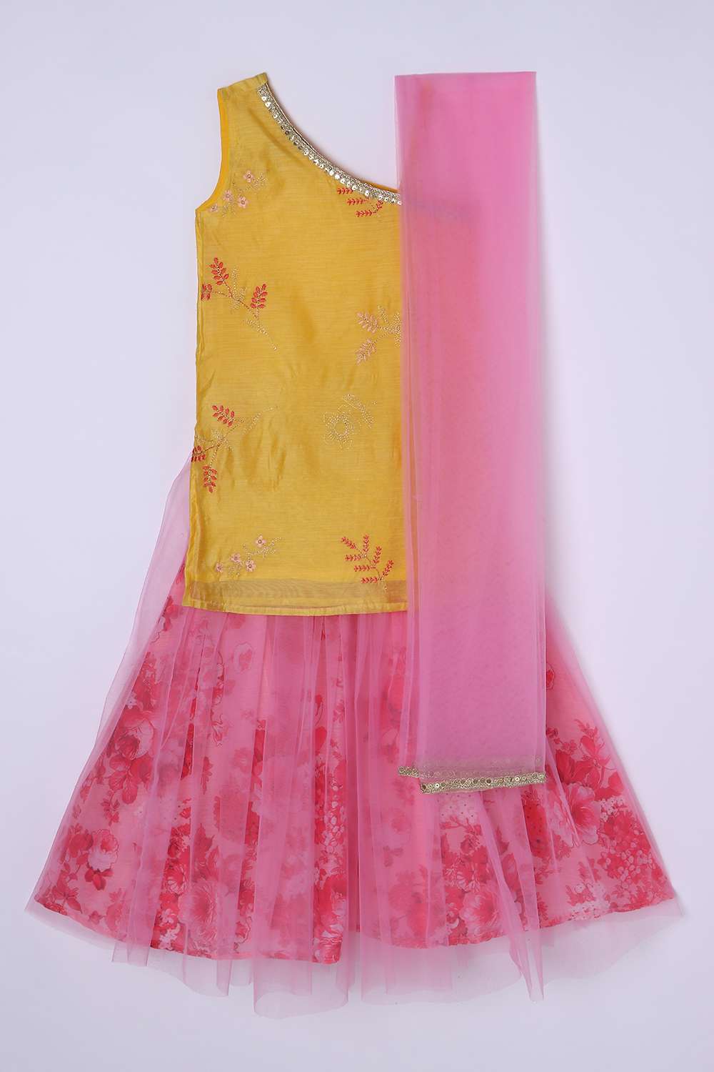 Embroidered-Blended-Fabric-One-Shoulder-Girls-Kurta-Set
