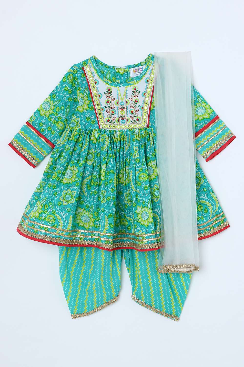 Printed-Blended-Fabric-Round-Neck-Girls-Kurta-Set
