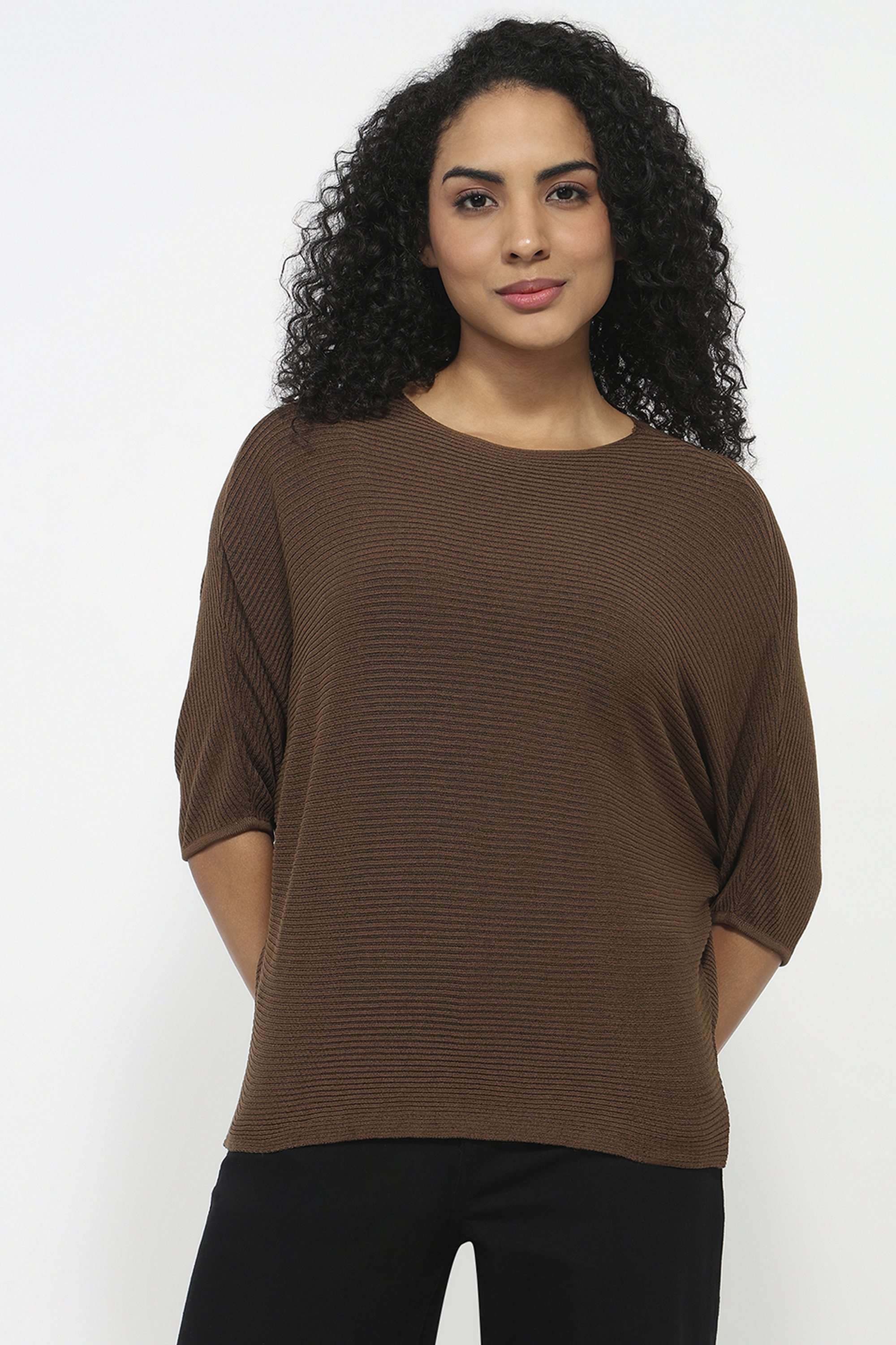 Solid-Blended-Fabric-Round-Neck-Women-Top