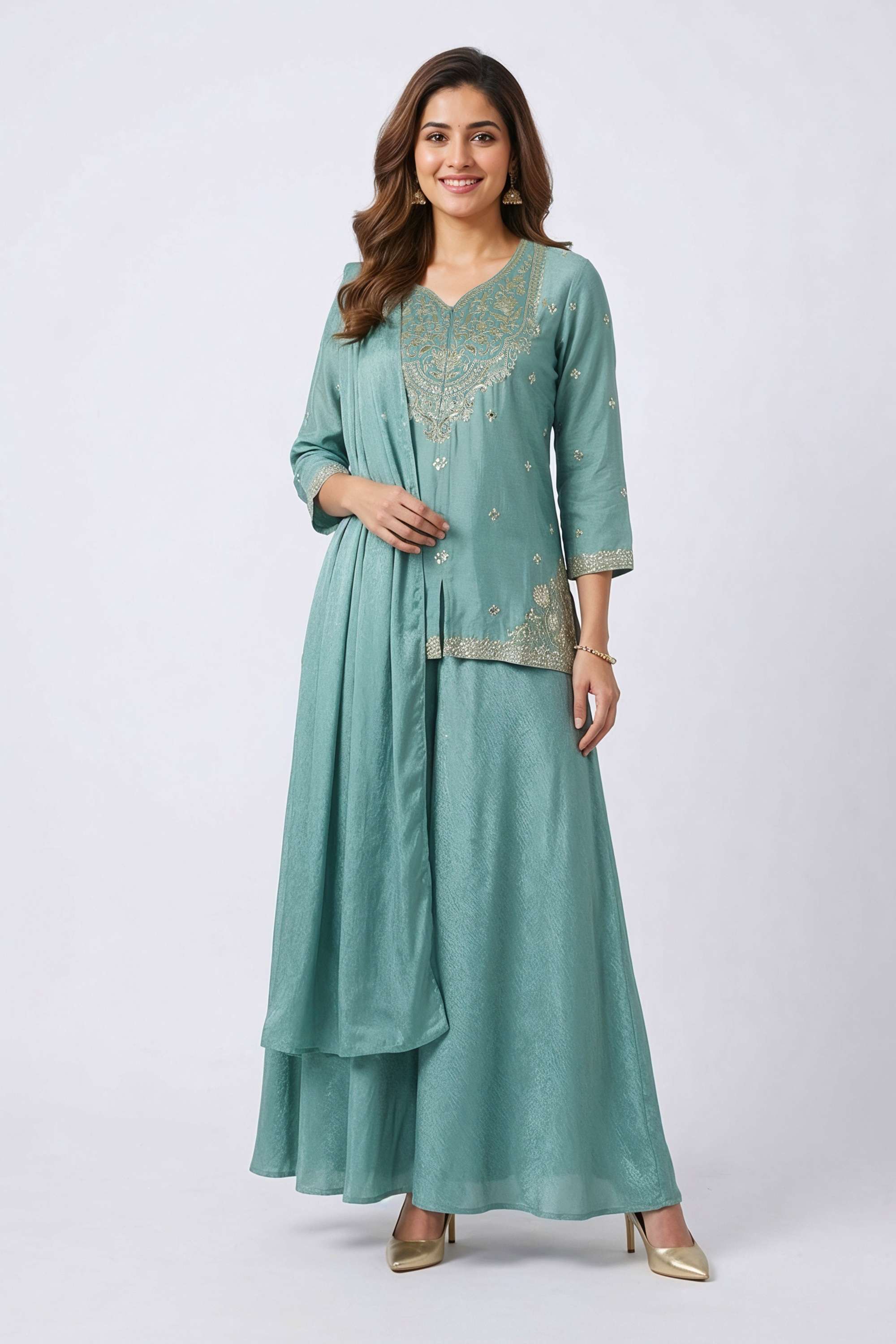 Embellished-Blended-Fabric-V-Neck-Women-Kurta-with-Palazzo-and-Dupatta