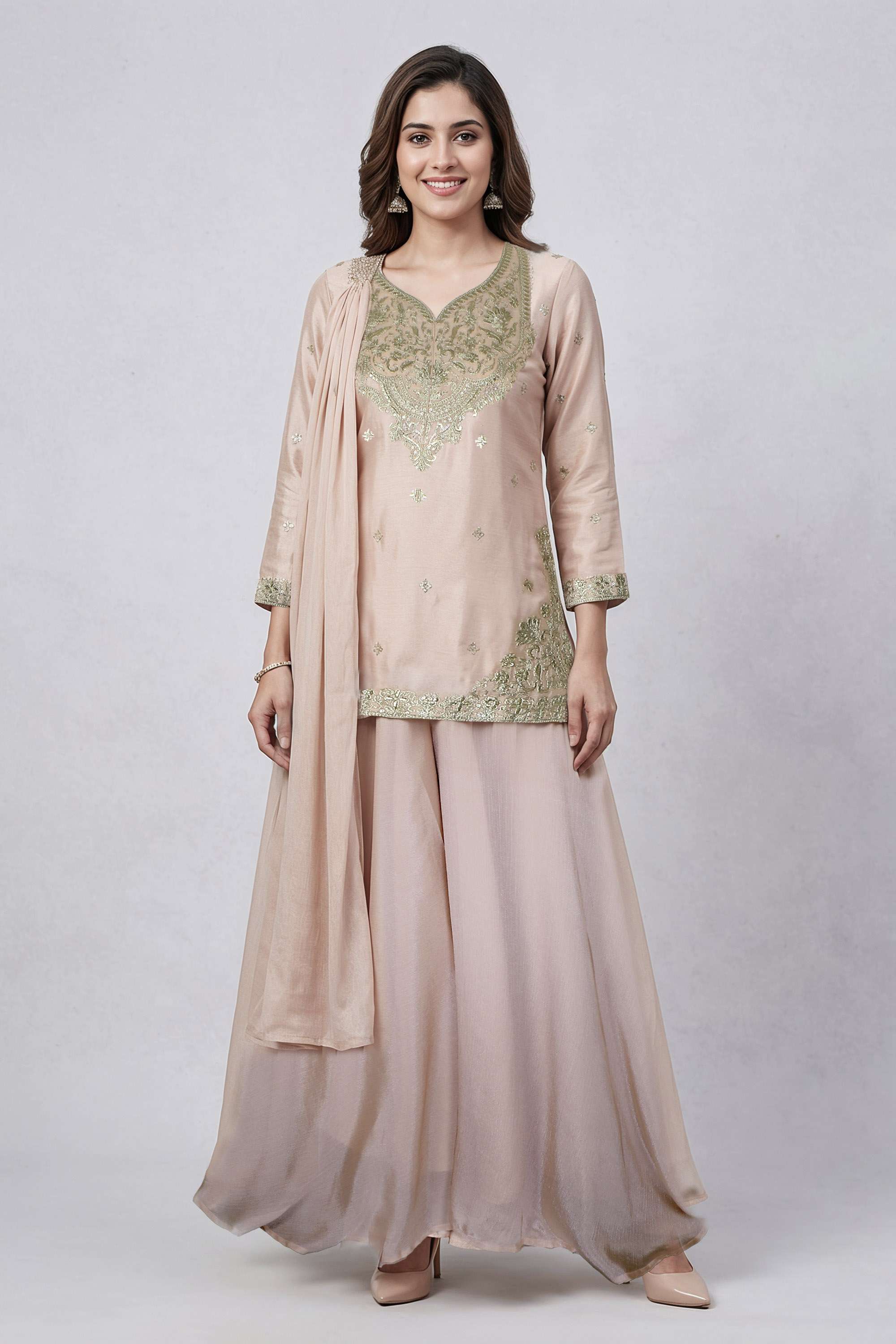 Embellished-Polyester-V-Neck-Women-Kurta-with-Palazzo-and-Dupatta