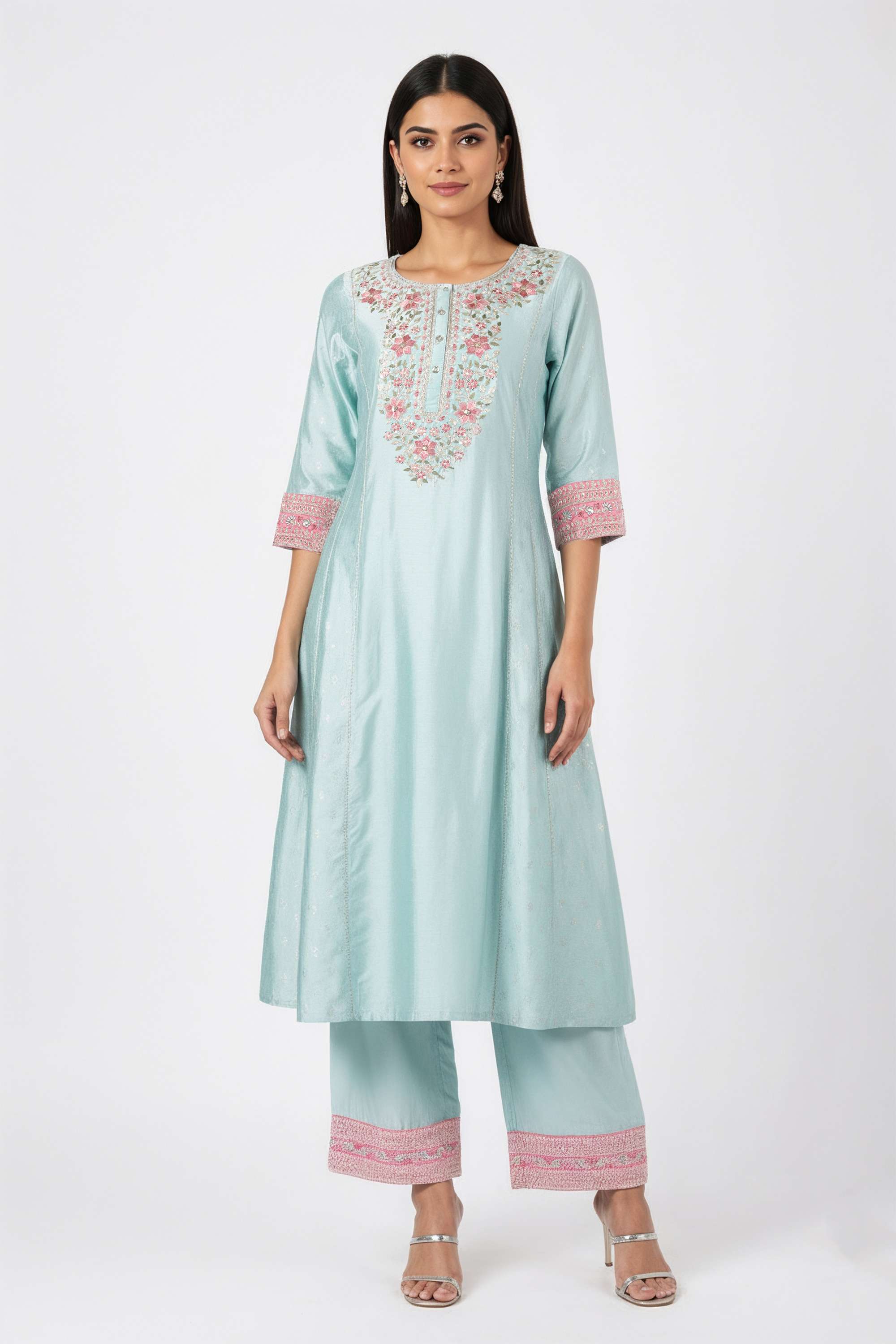 Printed-Blended-Fabric-Round-Neck-Women-s-Festive-Wear-Kurta-Set
