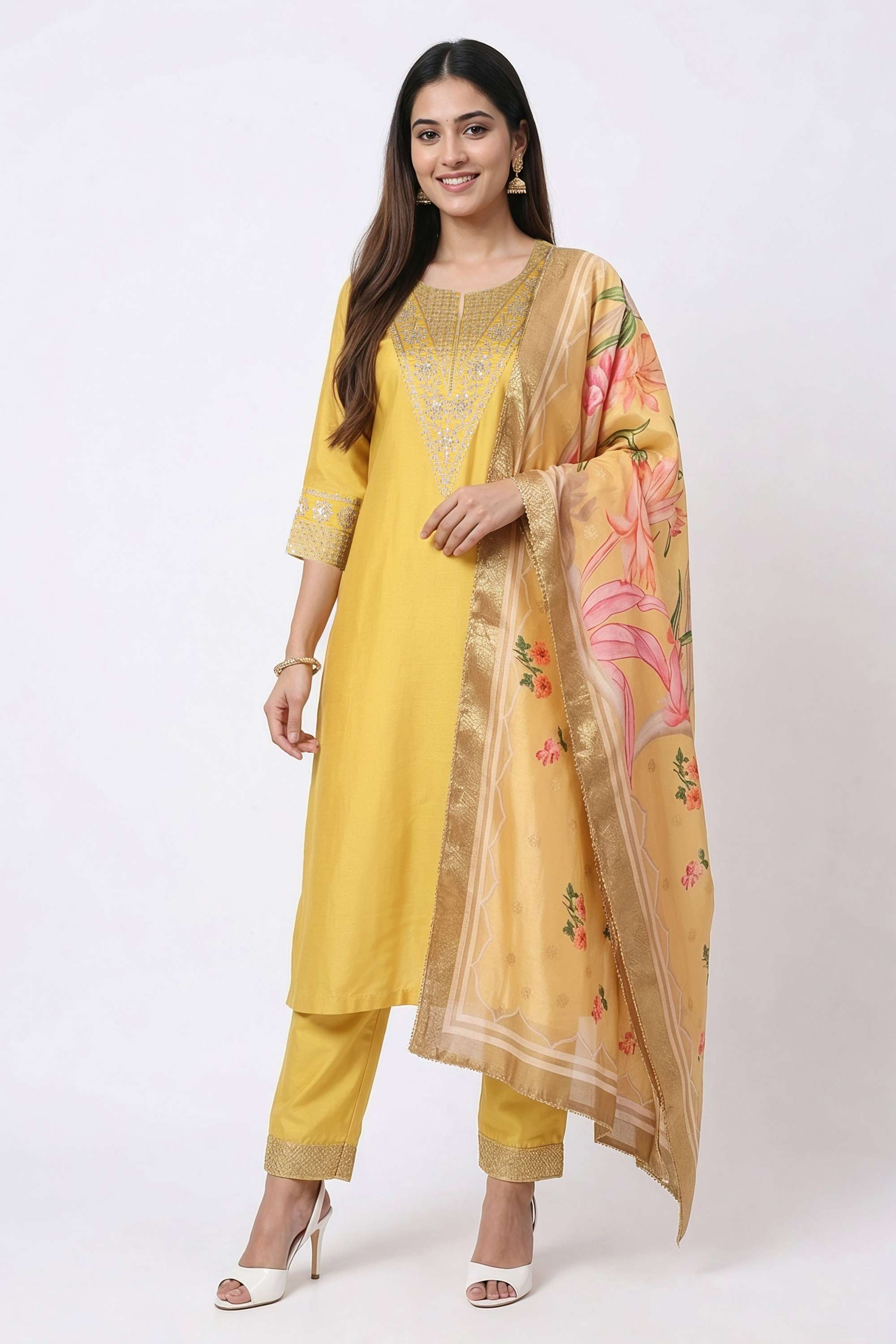 Floral-Blended-Fabric-Henley-Women-s-Casual-Wear-Kurta-Set