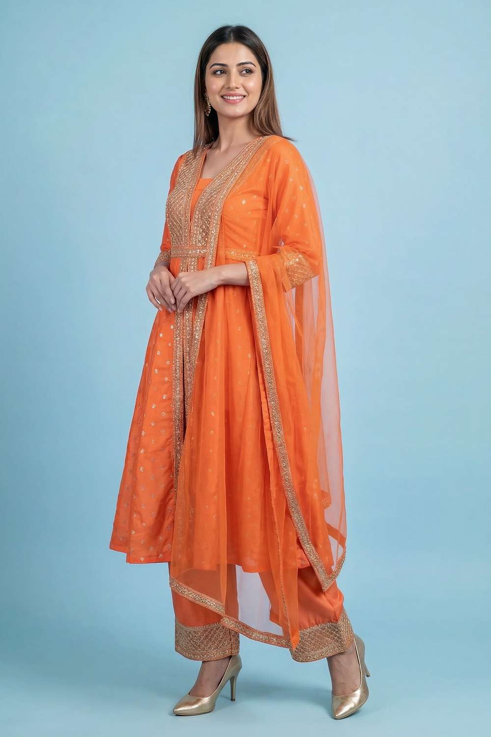 Embroidered-Blended-Fabric-Y-Neck-Women-s-Festive-Wear-Kurta-Set