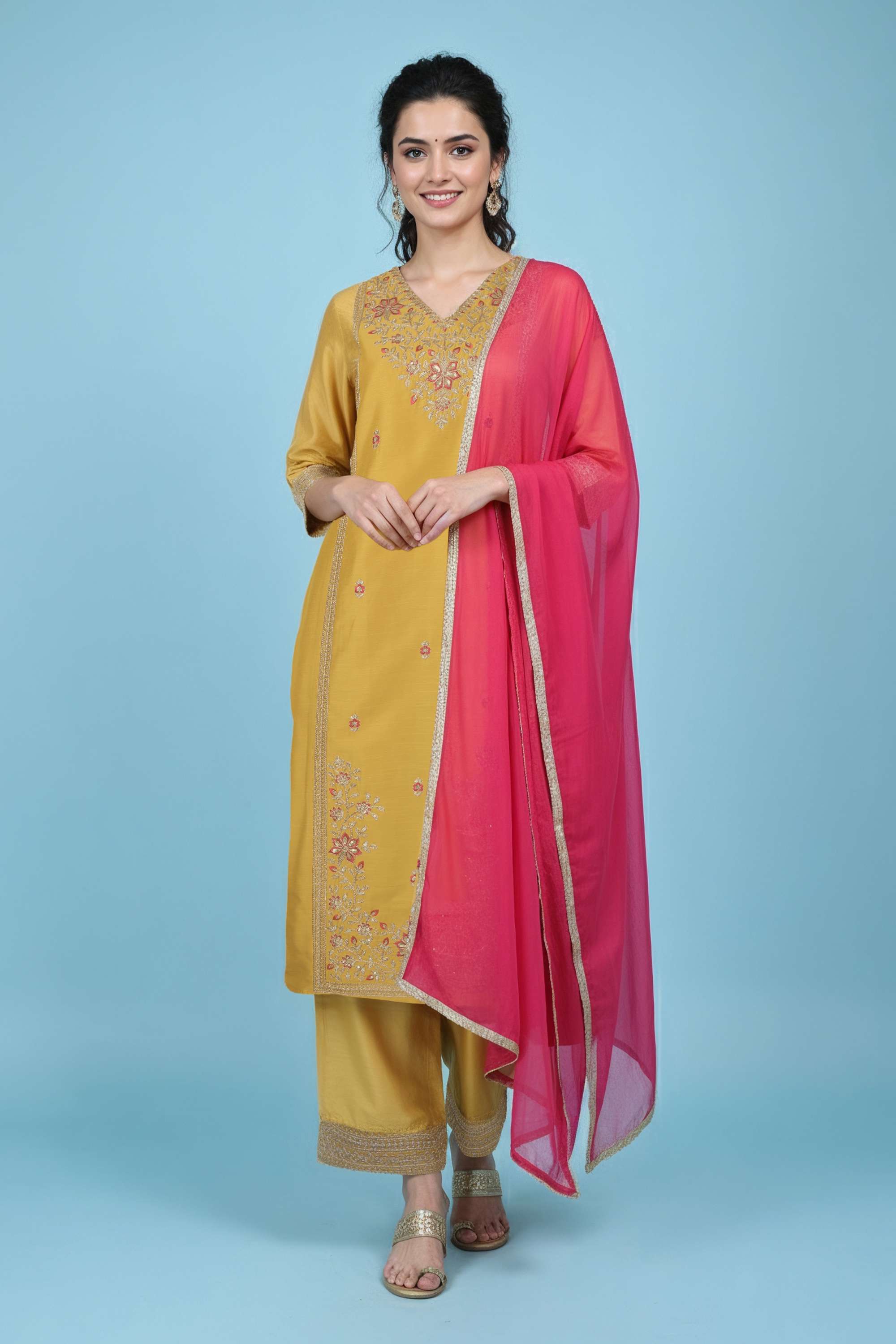 Embroidered-Blended-Fabric-Y-Neck-Women-s-Festive-Wear-Kurta-Set