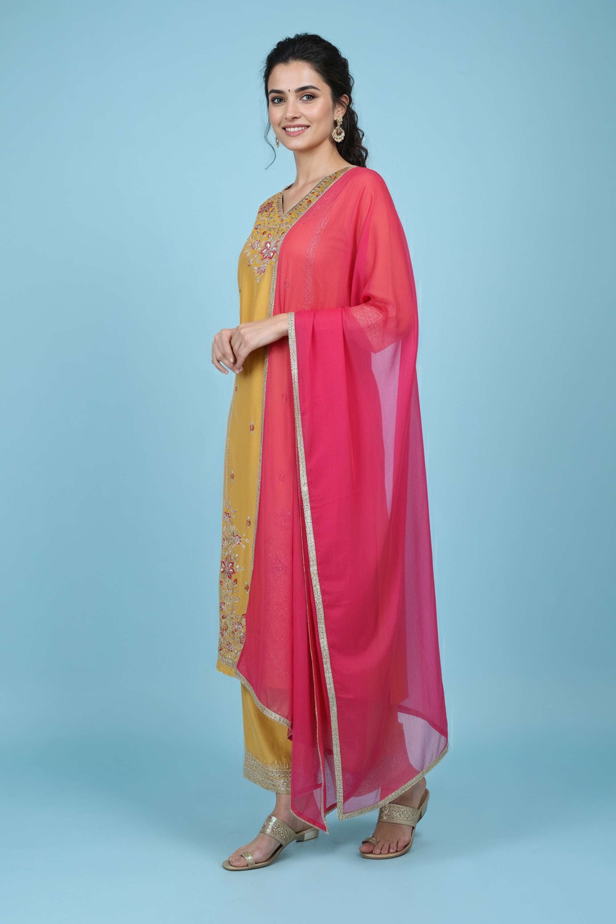 Embroidered-Blended-Fabric-V-Neck-Women-Kurta-with-Pant-and-Dupatta