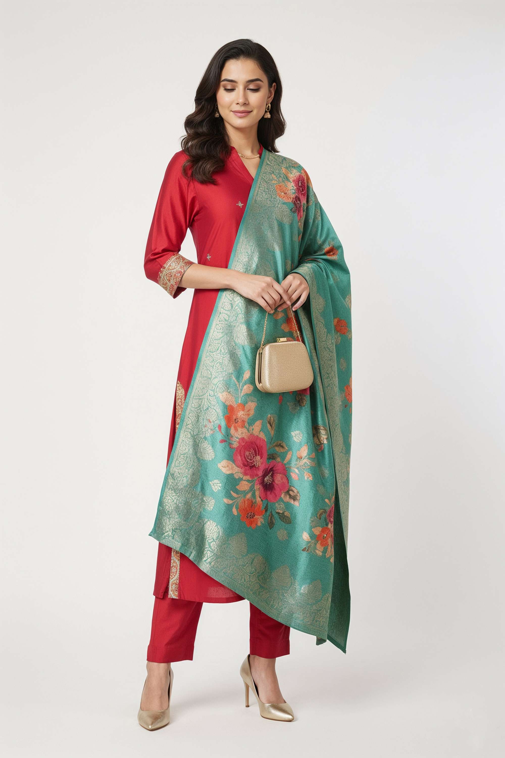 Embroidered-Blended-Fabric-Y-Neck-Women-s-Festive-Wear-Kurta-Set
