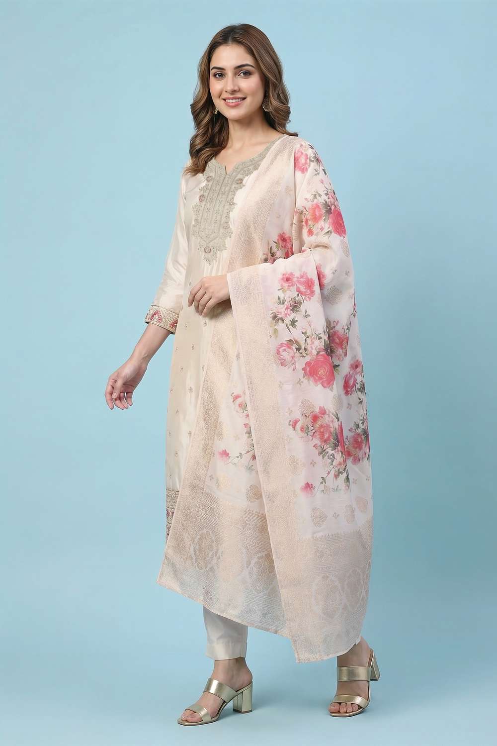 Embroidered-Blended-Fabric-Y-Neck-Women-s-Festive-Wear-Kurta-Set