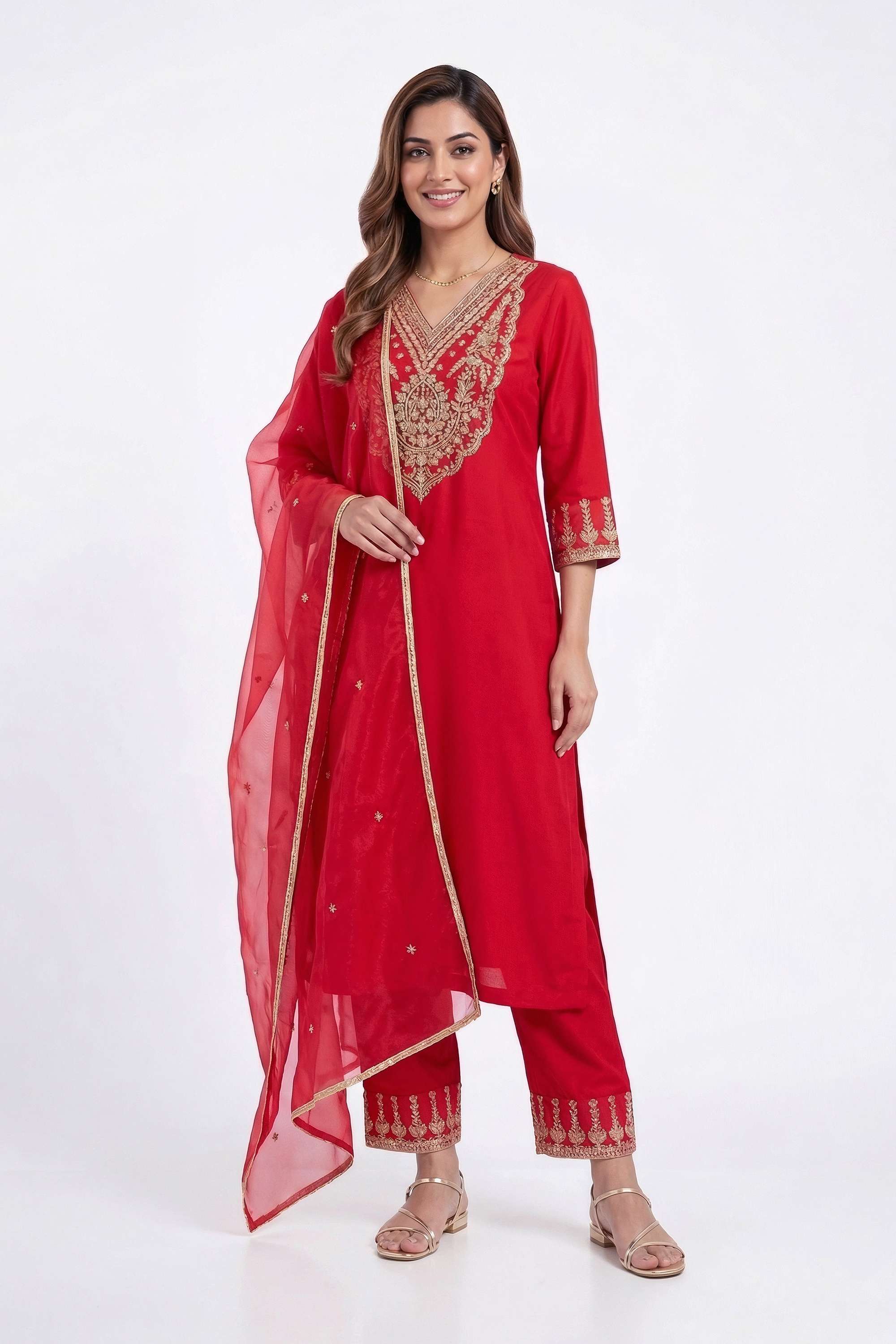 Embroidered-Blended-Fabric-V-Neck-Women-Kurta-with-Pant-and-Dupatta