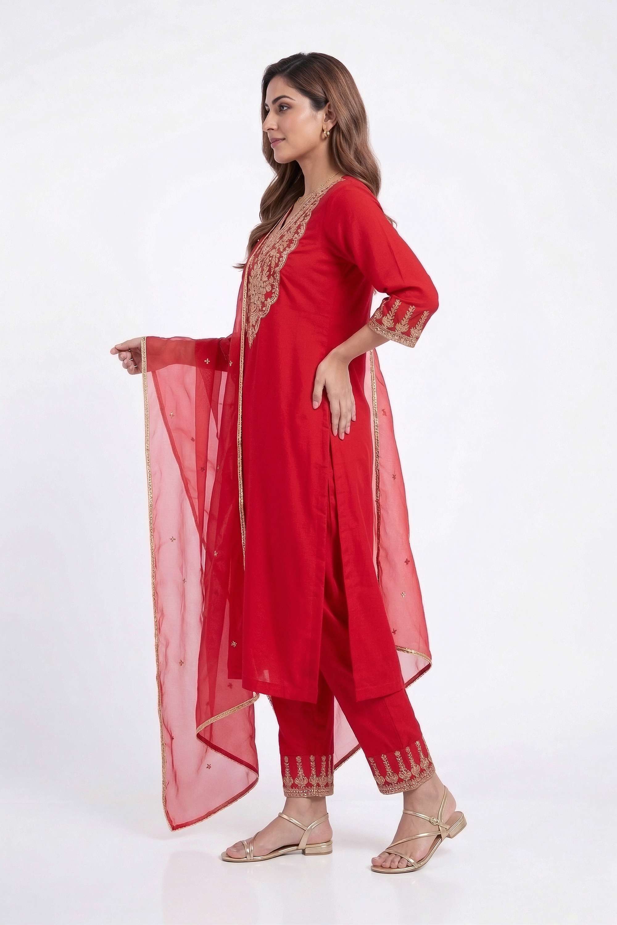 Embroidered-Blended-Fabric-V-Neck-Women-Kurta-with-Pant-and-Dupatta