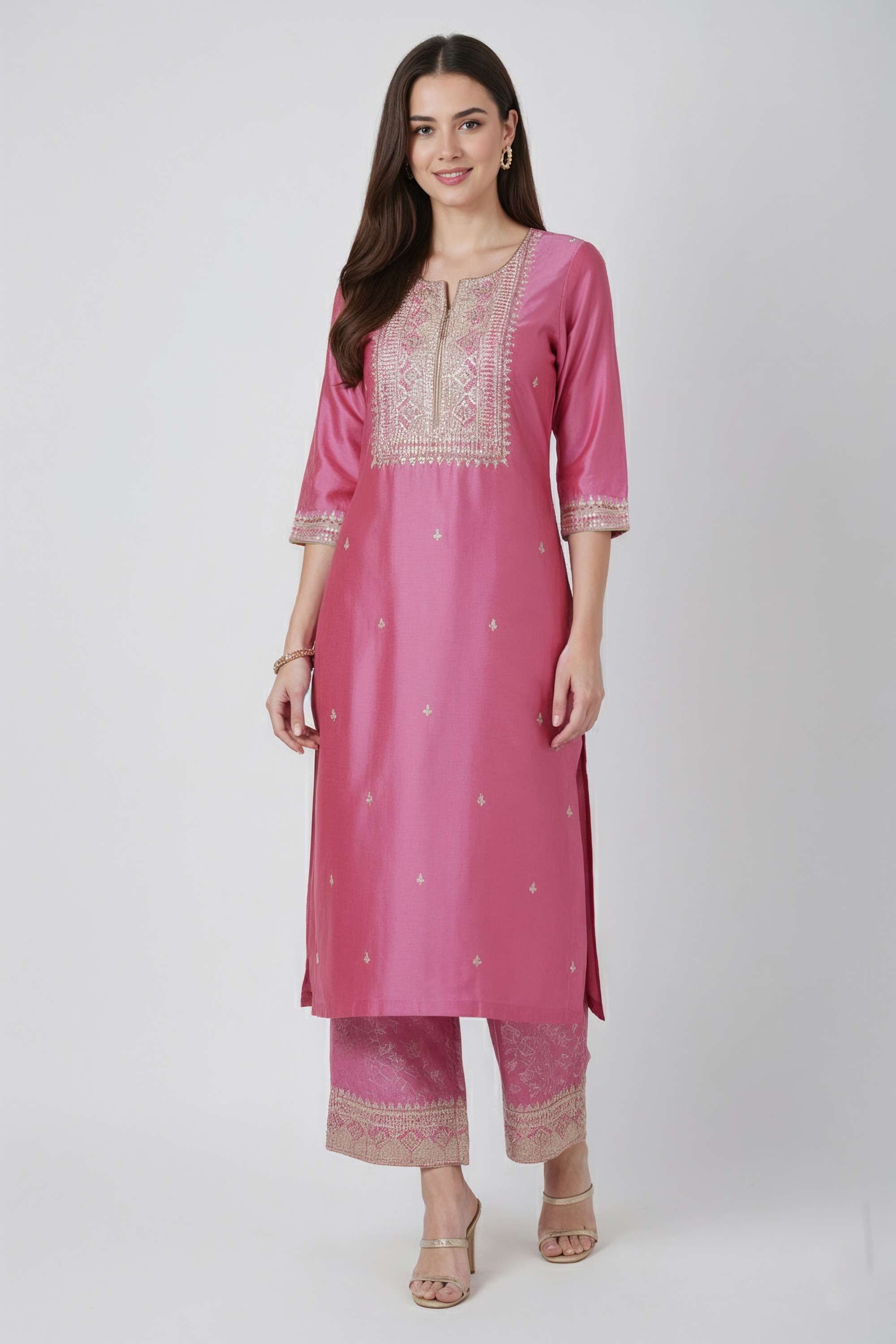 Solid-Viscose-3/4-Sleeves-Straight-Fit-Calf-Length-WOMEN-Kurta-Palazzo-Dupatta-Set