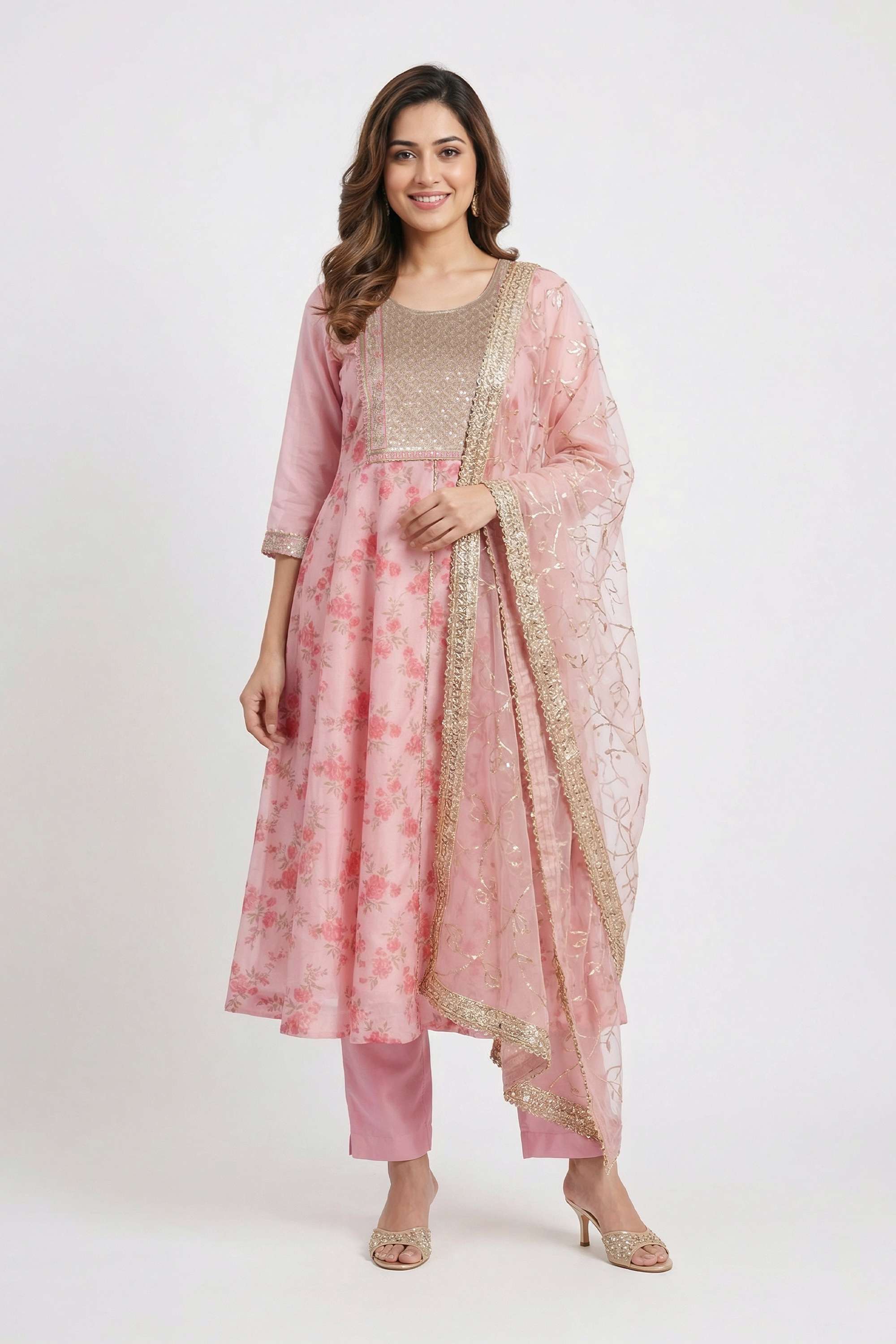Floral-Chanderi-Round-Neck-Women-s-Casual-Wear-Kurta-Set