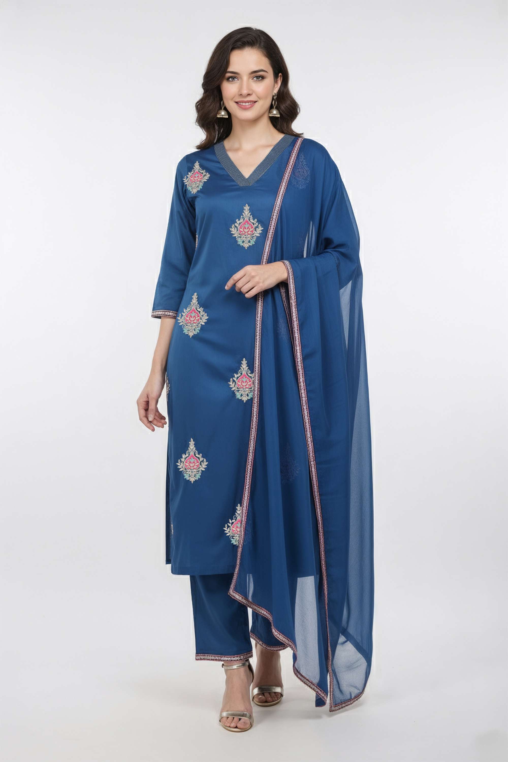 Embroidered-Blended-Fabric-V-Neck-Women-s-Casual-Wear-Kurta-Set